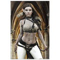 Handcrafted Elven Archer wall art featuring a graceful female elf ranger carrying an ornate longbow and quiver of arrows before majestic medieval arches. Fantasy artwork perfect for gaming rooms, RPG fans, archery enthusiasts, and medieval fantasy décor.