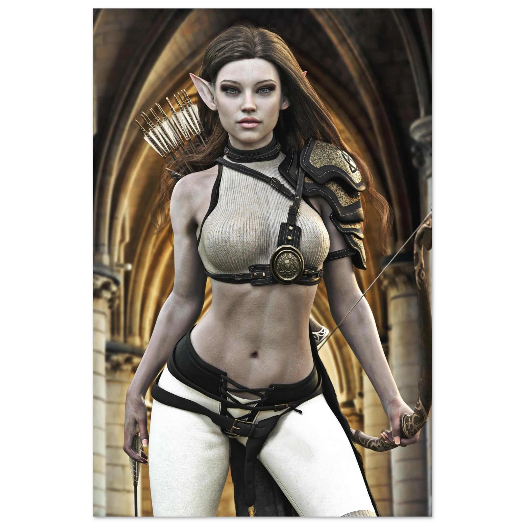 Handcrafted Elven Archer wall art featuring a graceful female elf ranger carrying an ornate longbow and quiver of arrows before majestic medieval arches. Fantasy artwork perfect for gaming rooms, RPG fans, archery enthusiasts, and medieval fantasy décor.
