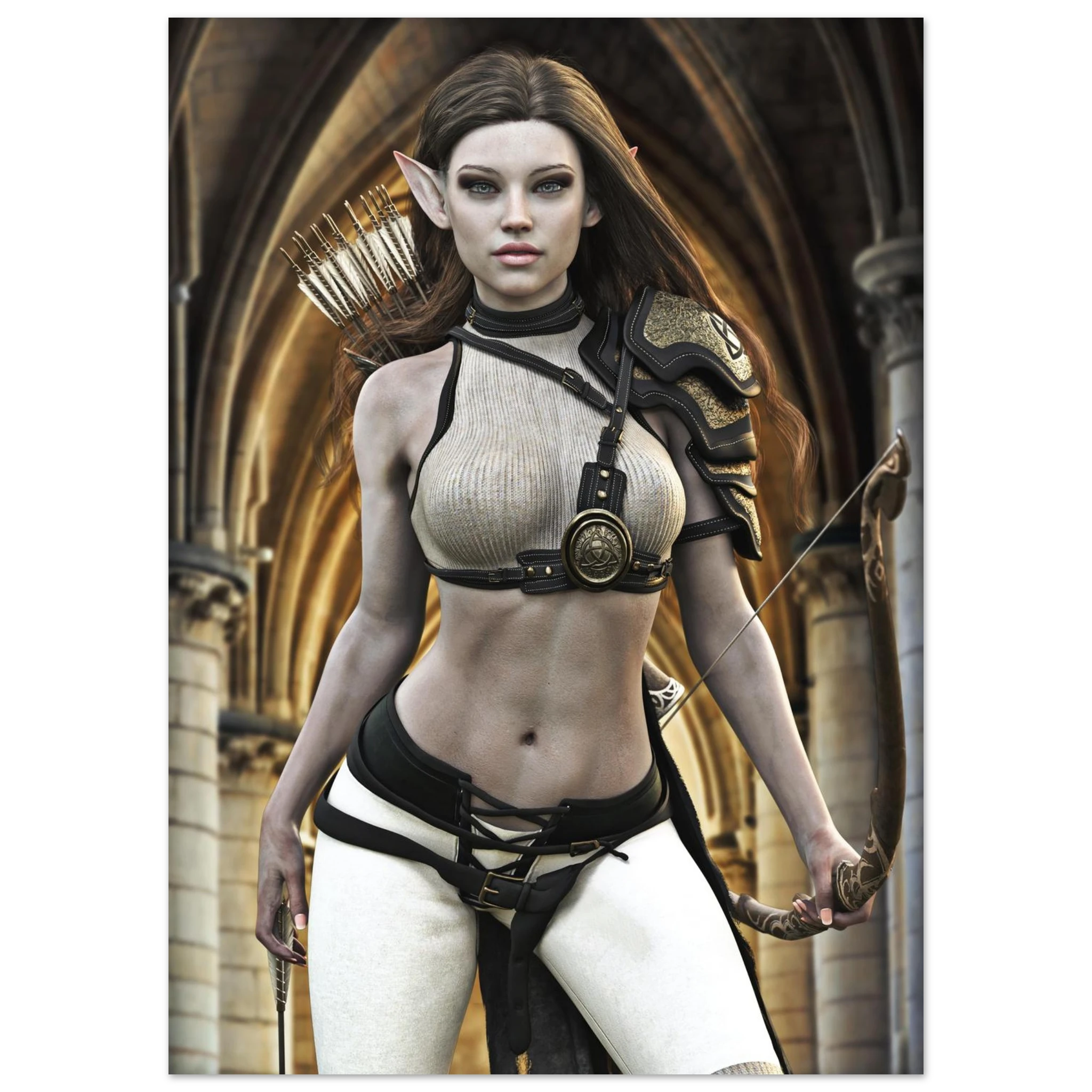 Handcrafted Elven Archer wall art featuring a graceful female elf ranger carrying an ornate longbow and quiver of arrows before majestic medieval arches. Fantasy artwork perfect for gaming rooms, RPG fans, archery enthusiasts, and medieval fantasy décor.