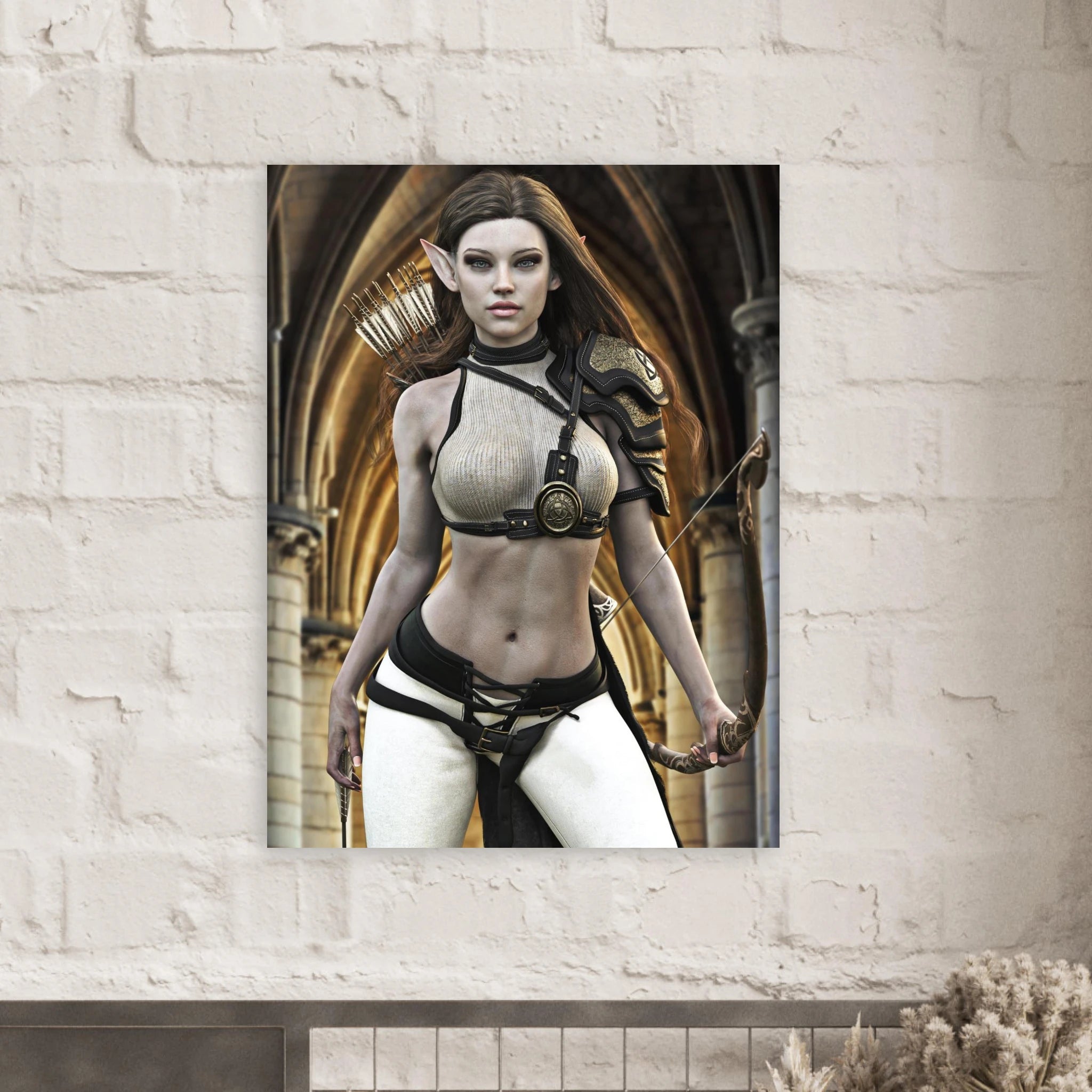 A vertical fantasy art print of an elf archer character, displayed on a white brick wall above a mantel.