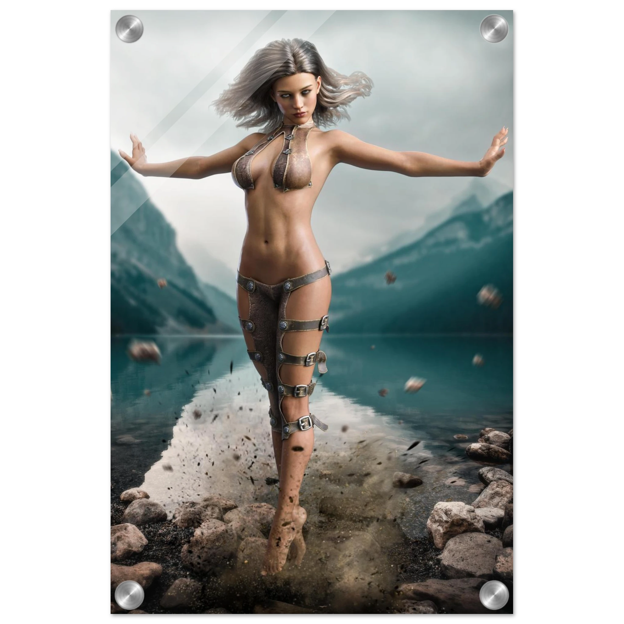 Handcrafted Fantasy Druid Mage wall art featuring a powerful female druid levitating above a mountain lake while controlling floating stones with elemental nature magic. Fantasy artwork perfect for gaming rooms, RPG fans, and nature-inspired medieval fantasy décor.