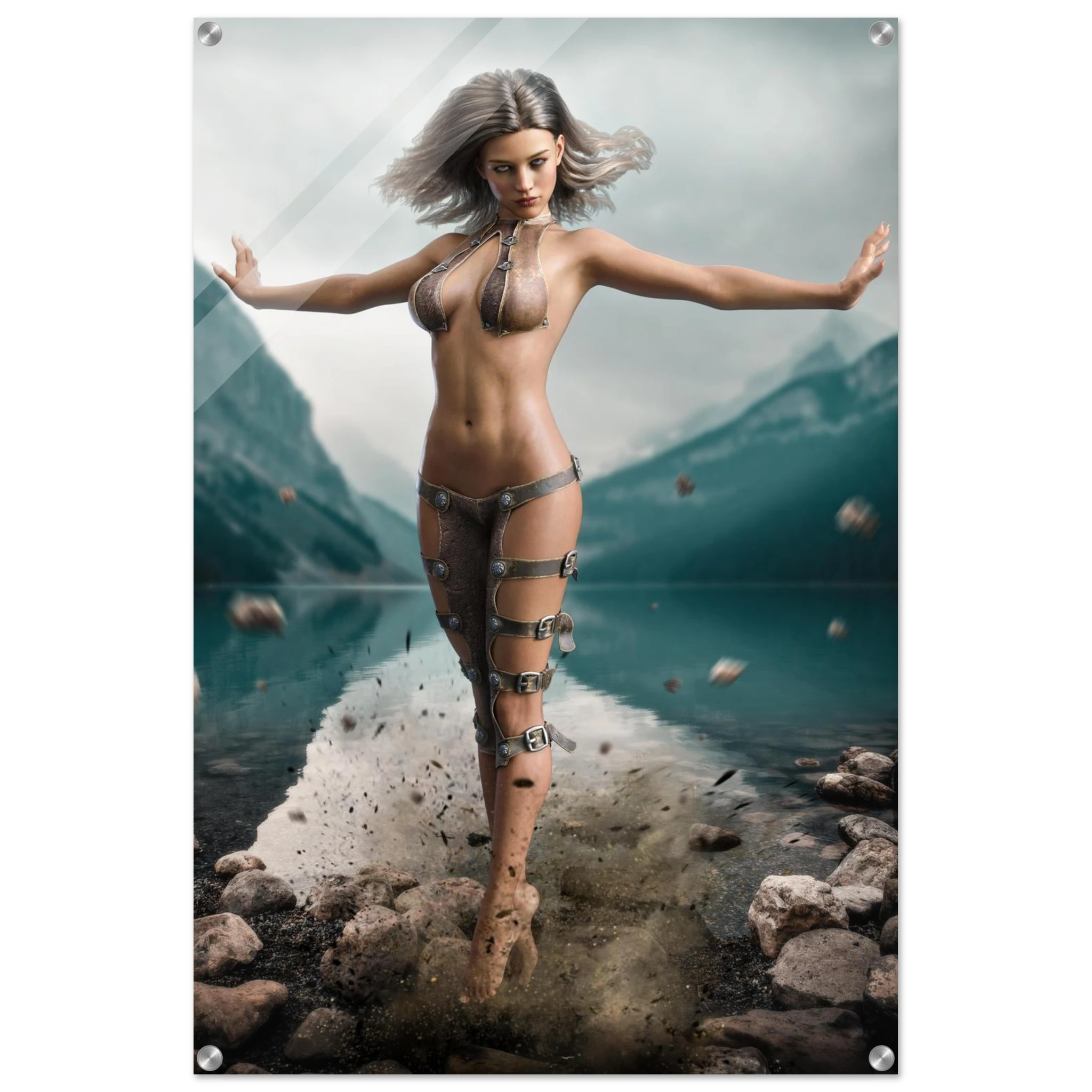 Handcrafted Fantasy Druid Mage wall art featuring a powerful female druid levitating above a mountain lake while controlling floating stones with elemental nature magic. Fantasy artwork perfect for gaming rooms, RPG fans, and nature-inspired medieval fantasy décor.