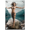 Handcrafted Fantasy Druid Mage wall art featuring a powerful female druid levitating above a mountain lake while controlling floating stones with elemental nature magic. Fantasy artwork perfect for gaming rooms, RPG fans, and nature-inspired medieval fantasy décor.