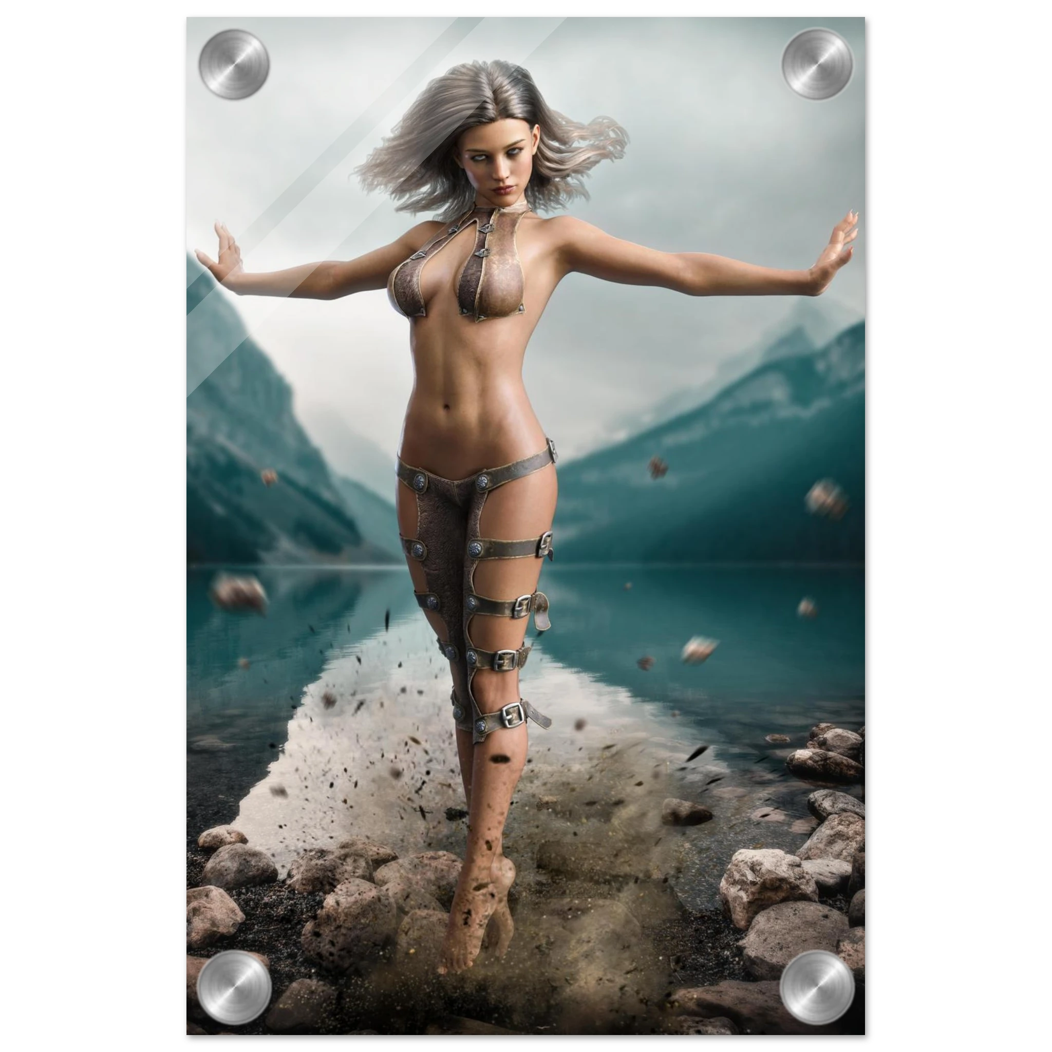 Handcrafted Fantasy Druid Mage wall art featuring a powerful female druid levitating above a mountain lake while controlling floating stones with elemental nature magic. Fantasy artwork perfect for gaming rooms, RPG fans, and nature-inspired medieval fantasy décor.