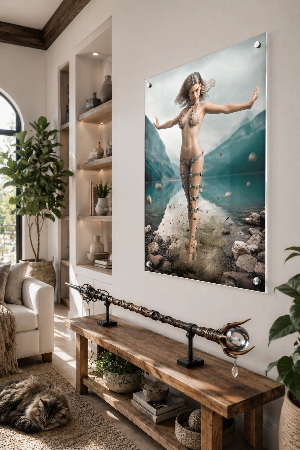 Handcrafted Fantasy Druid Mage wall art featuring a powerful female druid levitating above a mountain lake while controlling floating stones with elemental nature magic. Fantasy artwork perfect for gaming rooms, RPG fans, and nature-inspired medieval fantasy décor.