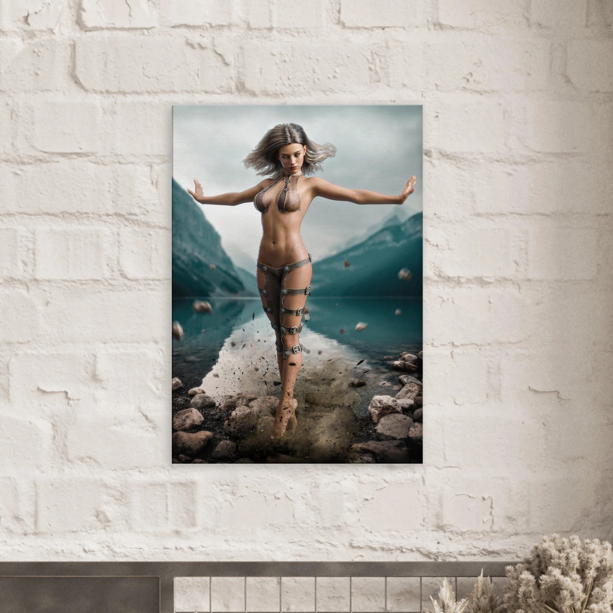 Handcrafted Fantasy Druid Mage wall art featuring a powerful female druid levitating above a mountain lake while controlling floating stones with elemental nature magic. Fantasy artwork perfect for gaming rooms, RPG fans, and nature-inspired medieval fantasy décor.