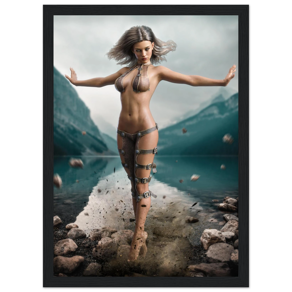 Handcrafted Fantasy Druid Mage wall art featuring a powerful female druid levitating above a mountain lake while controlling floating stones with elemental nature magic. Fantasy artwork perfect for gaming rooms, RPG fans, and nature-inspired medieval fantasy décor.