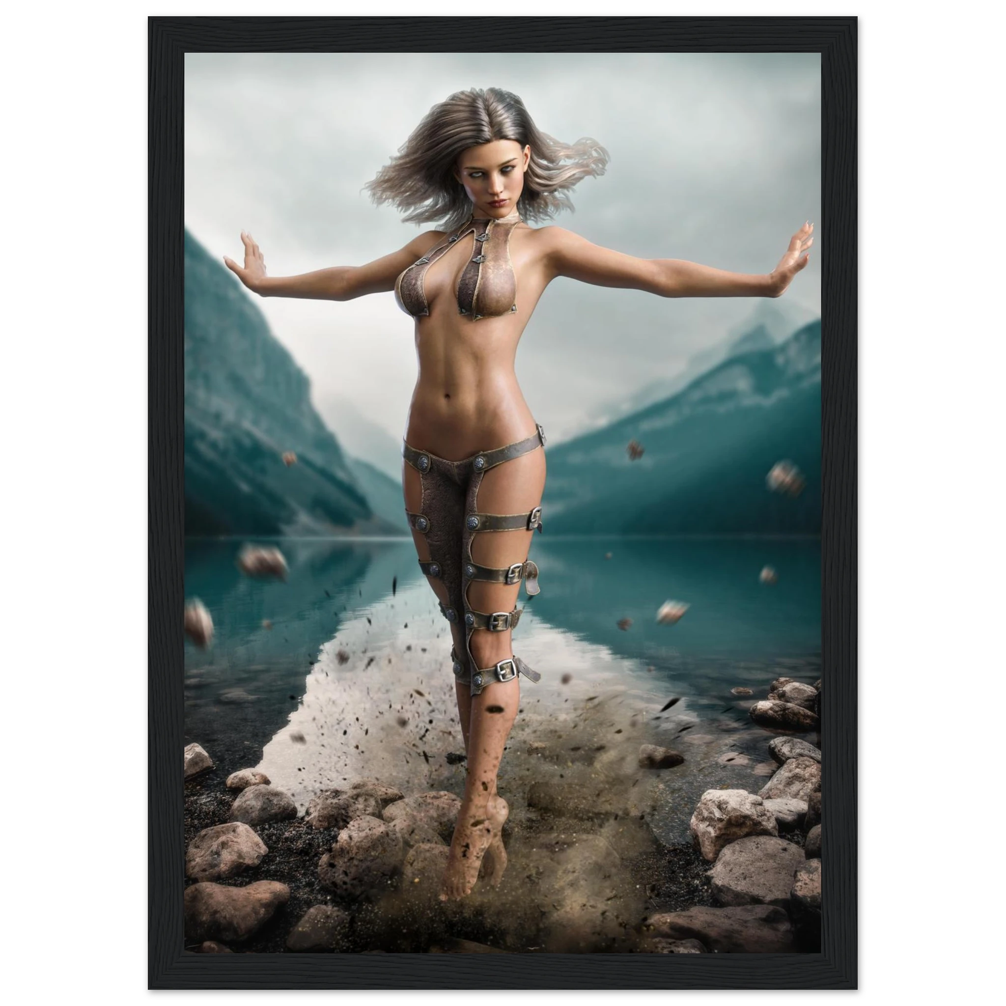 Handcrafted Fantasy Druid Mage wall art featuring a powerful female druid levitating above a mountain lake while controlling floating stones with elemental nature magic. Fantasy artwork perfect for gaming rooms, RPG fans, and nature-inspired medieval fantasy décor.