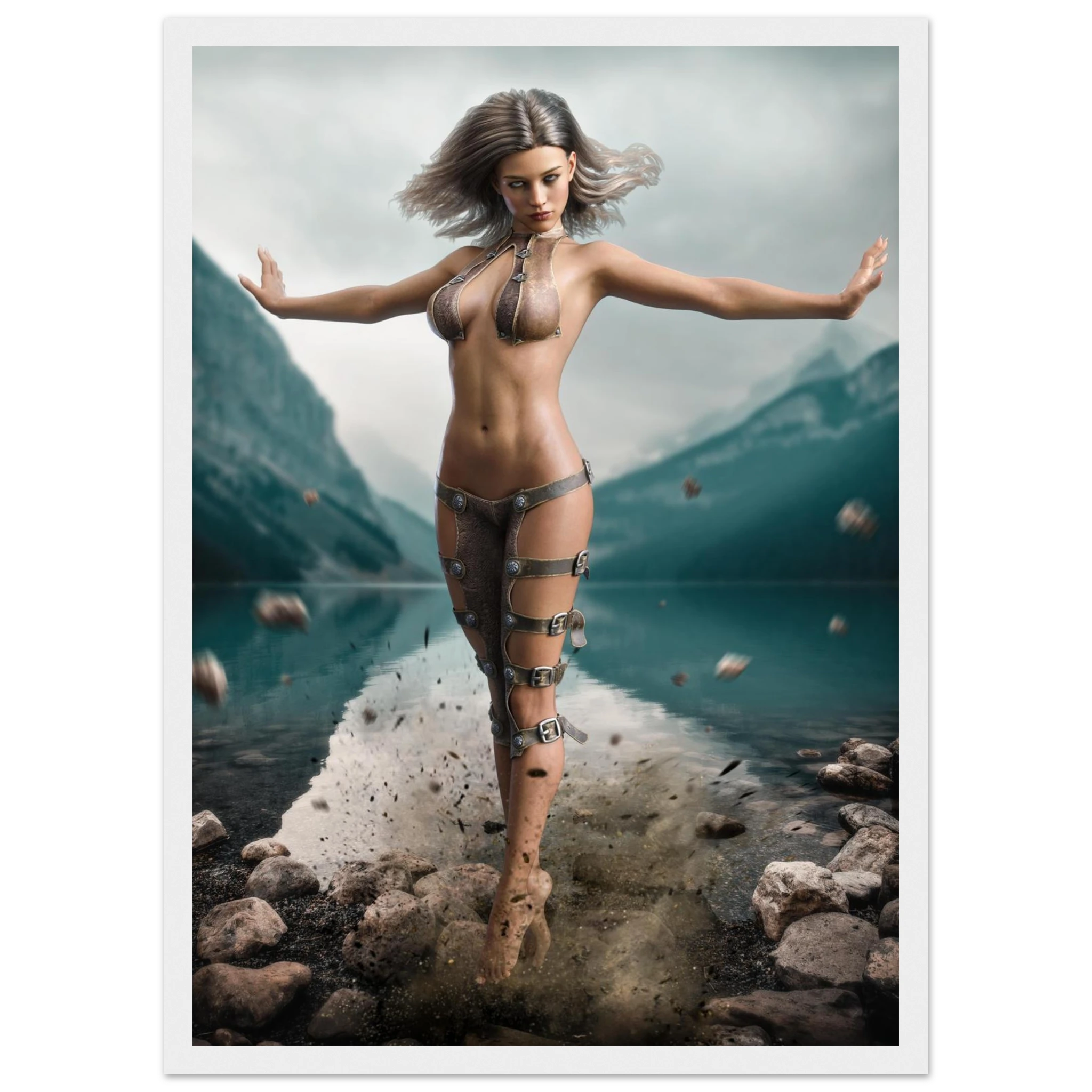 Handcrafted Fantasy Druid Mage wall art featuring a powerful female druid levitating above a mountain lake while controlling floating stones with elemental nature magic. Fantasy artwork perfect for gaming rooms, RPG fans, and nature-inspired medieval fantasy décor.