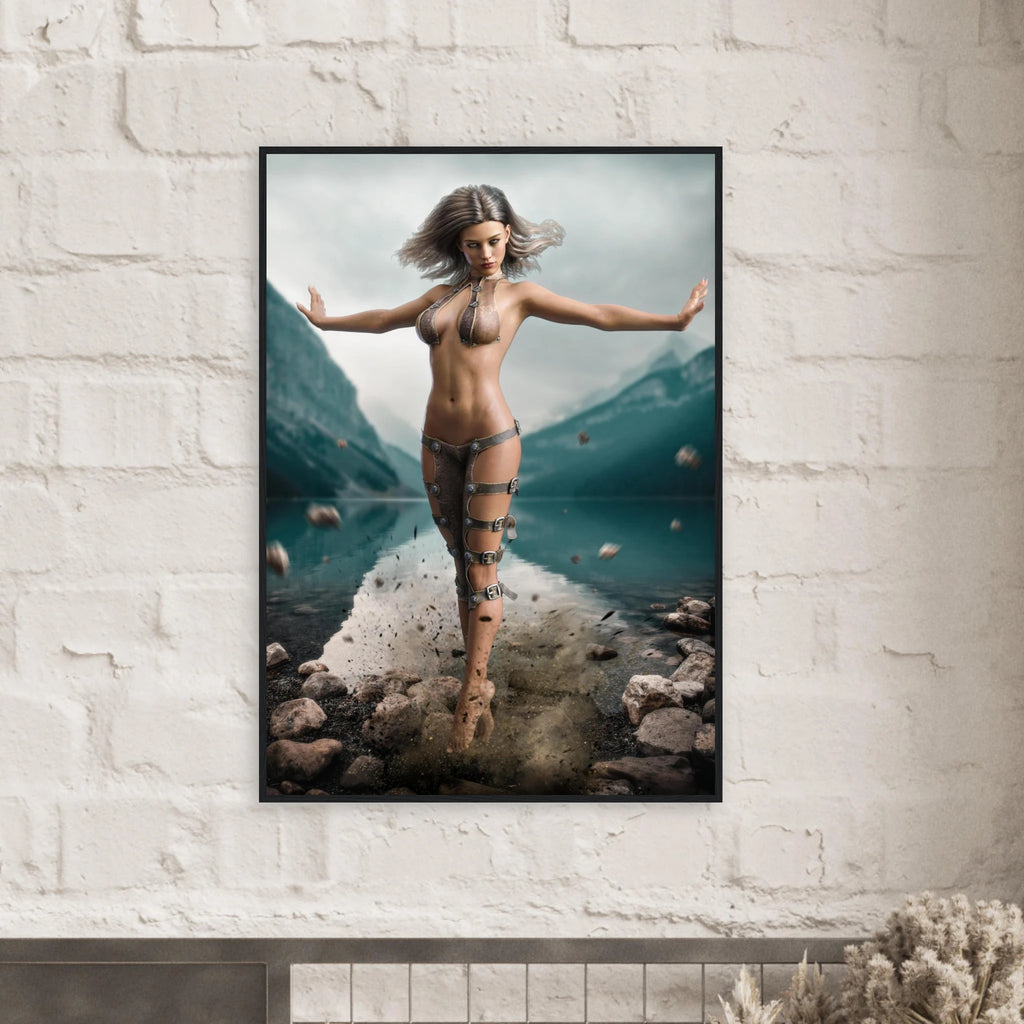Handcrafted Fantasy Druid Mage wall art featuring a powerful female druid levitating above a mountain lake while controlling floating stones with elemental nature magic. Fantasy artwork perfect for gaming rooms, RPG fans, and nature-inspired medieval fantasy décor.