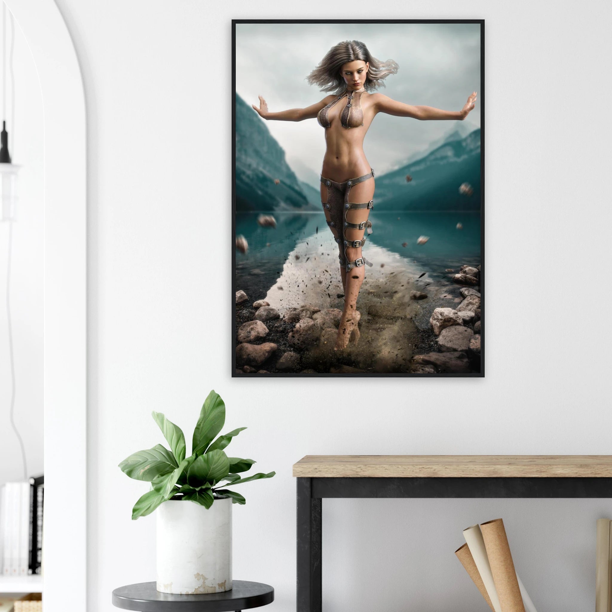 Handcrafted Fantasy Druid Mage wall art featuring a powerful female druid levitating above a mountain lake while controlling floating stones with elemental nature magic. Fantasy artwork perfect for gaming rooms, RPG fans, and nature-inspired medieval fantasy décor.