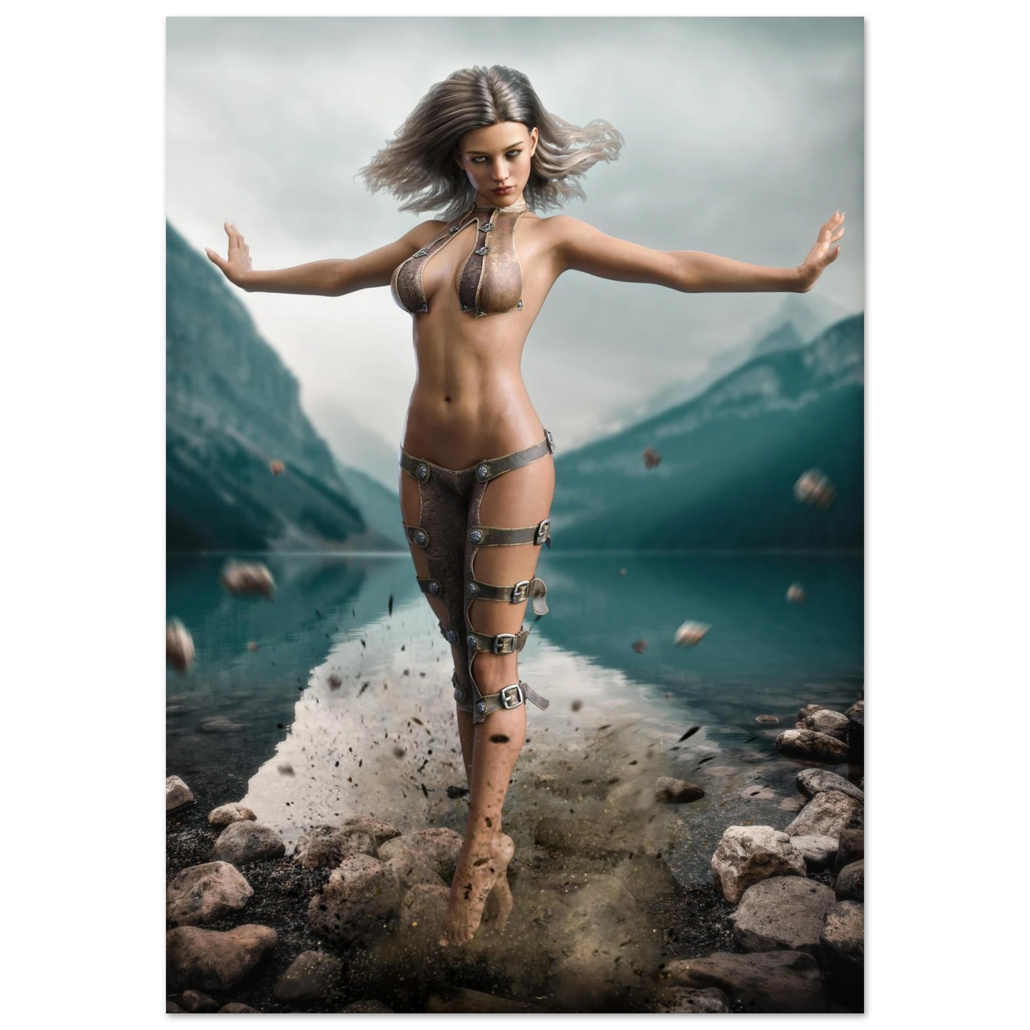 Handcrafted Fantasy Druid Mage wall art featuring a powerful female druid levitating above a mountain lake while controlling floating stones with elemental nature magic. Fantasy artwork perfect for gaming rooms, RPG fans, and nature-inspired medieval fantasy décor.
