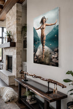 Handcrafted Fantasy Druid Mage wall art featuring a powerful female druid levitating above a mountain lake while controlling floating stones with elemental nature magic. Fantasy artwork perfect for gaming rooms, RPG fans, and nature-inspired medieval fantasy décor.