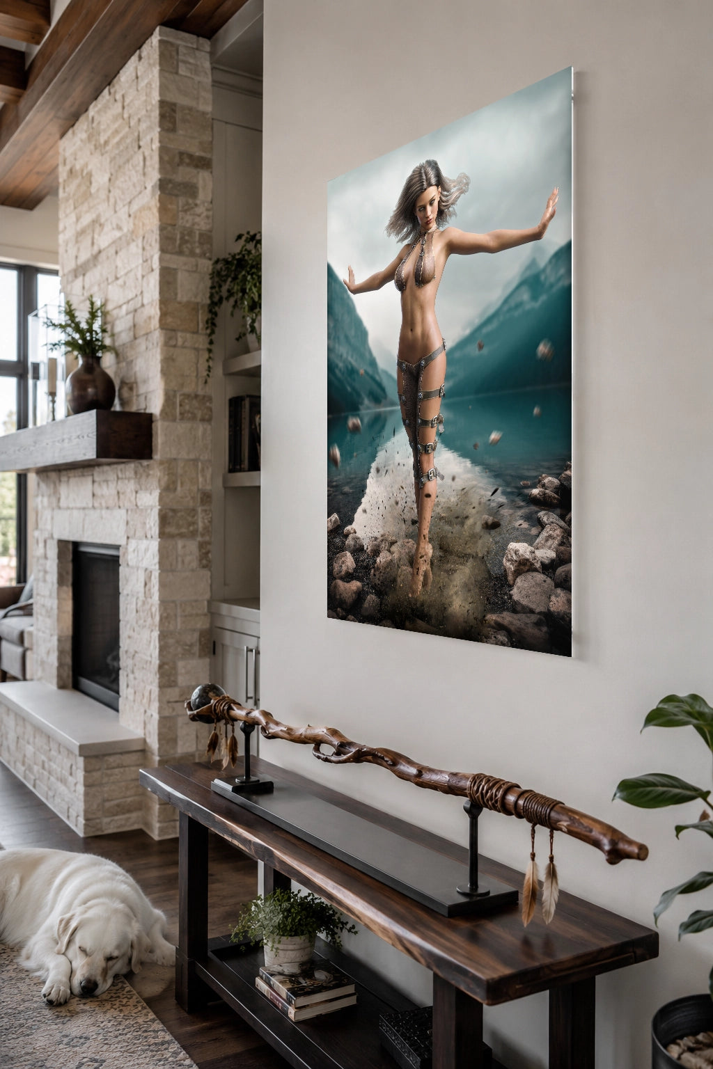 Handcrafted Fantasy Druid Mage wall art featuring a powerful female druid levitating above a mountain lake while controlling floating stones with elemental nature magic. Fantasy artwork perfect for gaming rooms, RPG fans, and nature-inspired medieval fantasy décor.
