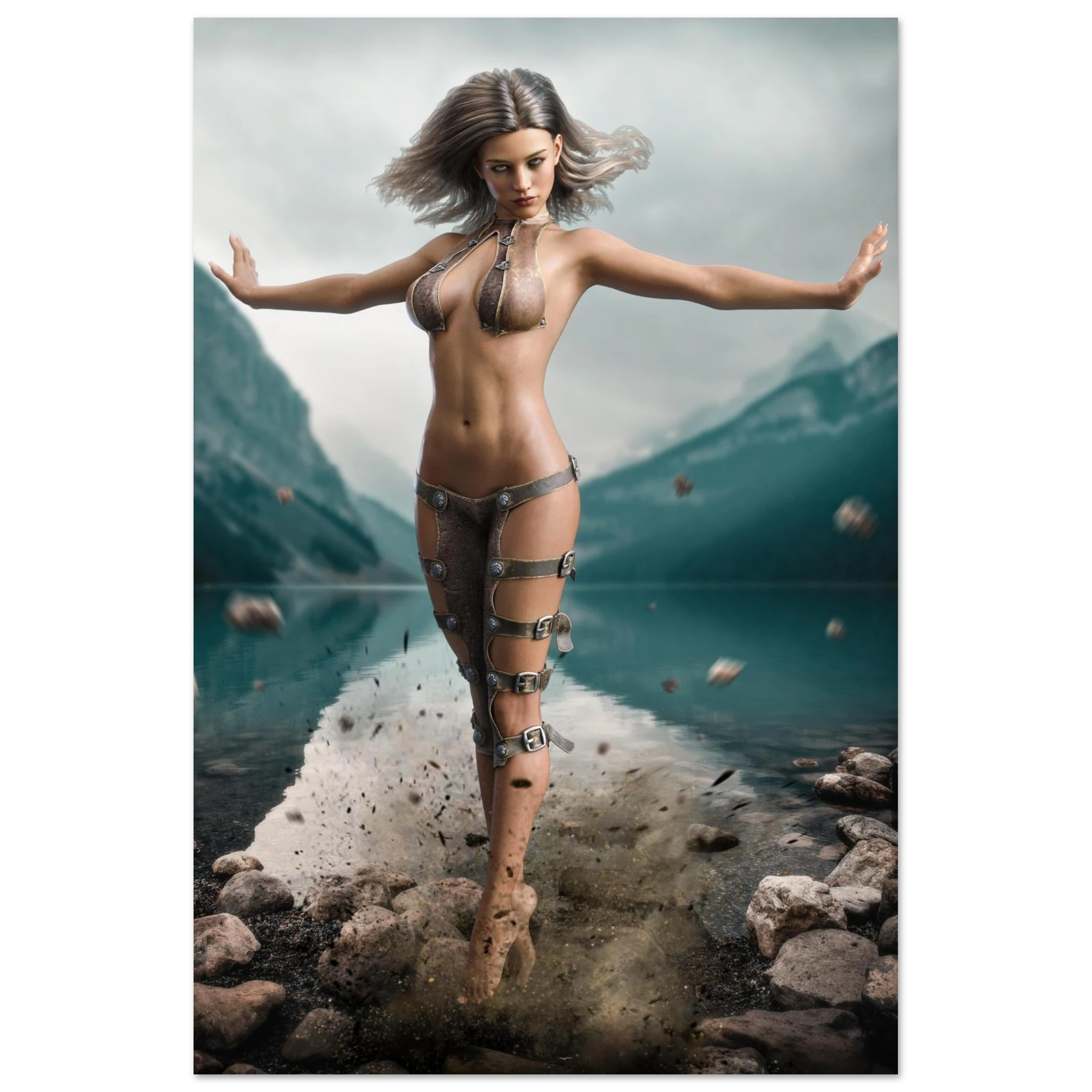 Handcrafted Fantasy Druid Mage wall art featuring a powerful female druid levitating above a mountain lake while controlling floating stones with elemental nature magic. Fantasy artwork perfect for gaming rooms, RPG fans, and nature-inspired medieval fantasy décor.