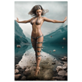 Handcrafted Fantasy Druid Mage wall art featuring a powerful female druid levitating above a mountain lake while controlling floating stones with elemental nature magic. Fantasy artwork perfect for gaming rooms, RPG fans, and nature-inspired medieval fantasy décor.