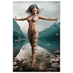 Handcrafted Fantasy Druid Mage wall art featuring a powerful female druid levitating above a mountain lake while controlling floating stones with elemental nature magic. Fantasy artwork perfect for gaming rooms, RPG fans, and nature-inspired medieval fantasy décor.
