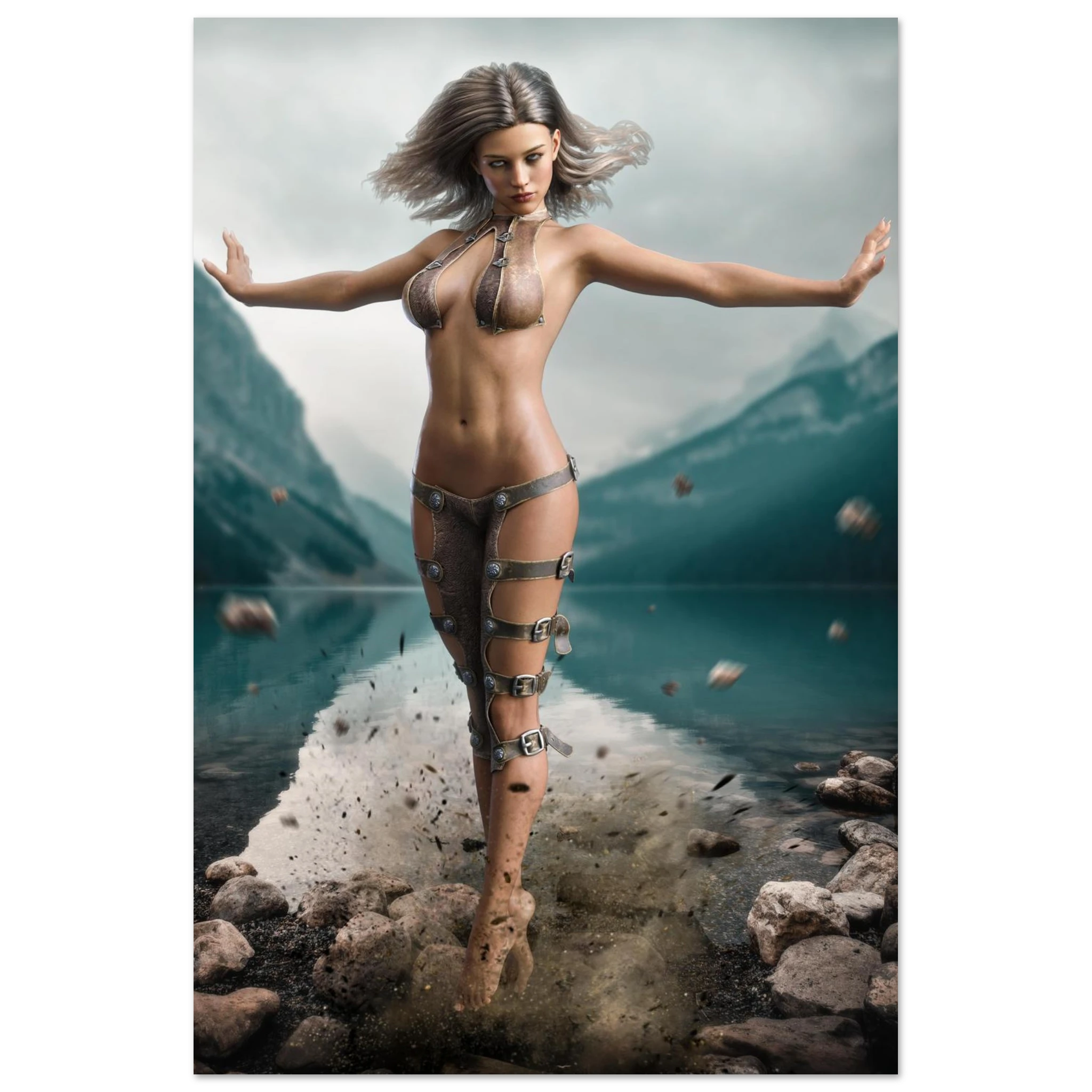 Handcrafted Fantasy Druid Mage wall art featuring a powerful female druid levitating above a mountain lake while controlling floating stones with elemental nature magic. Fantasy artwork perfect for gaming rooms, RPG fans, and nature-inspired medieval fantasy décor.