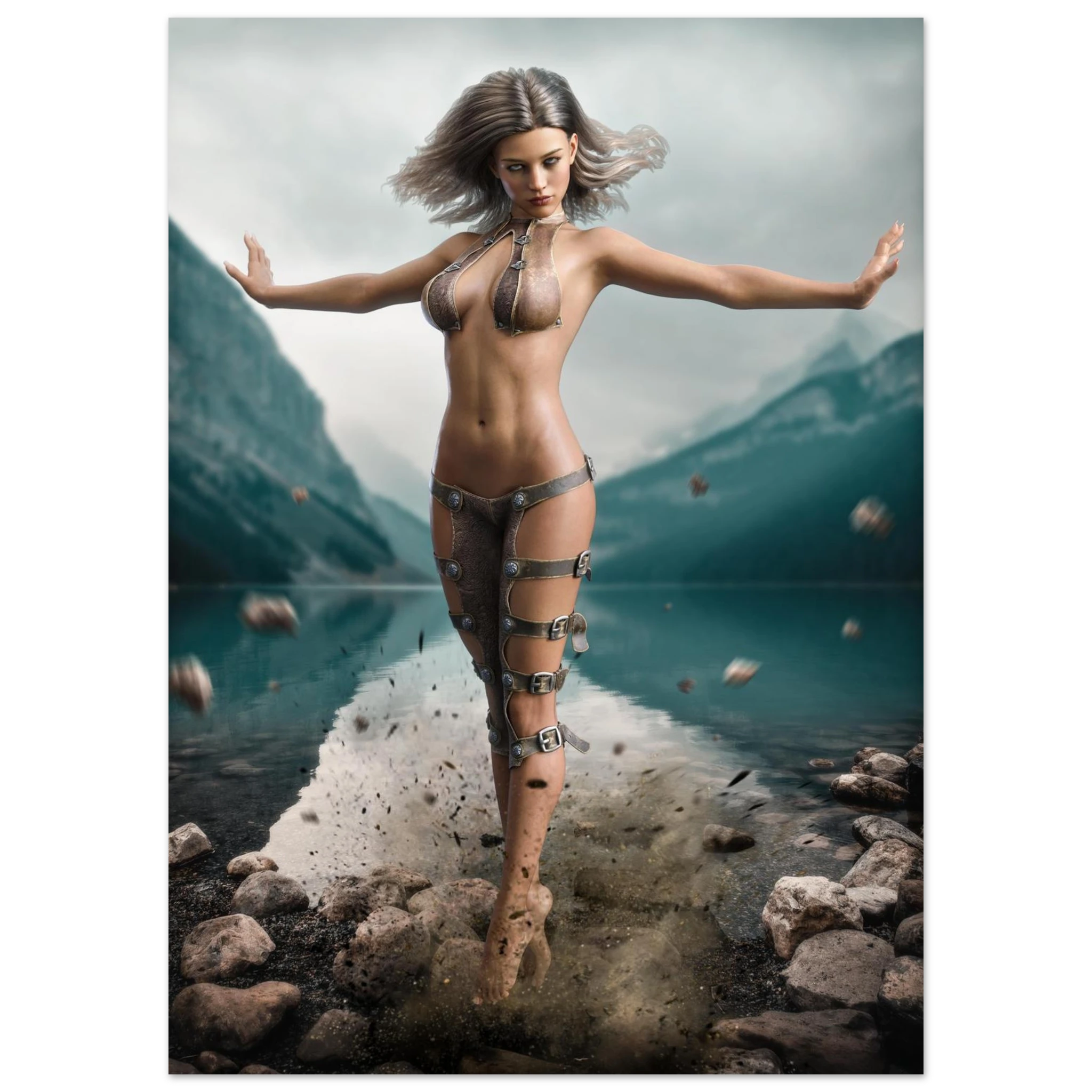 Handcrafted Fantasy Druid Mage wall art featuring a powerful female druid levitating above a mountain lake while controlling floating stones with elemental nature magic. Fantasy artwork perfect for gaming rooms, RPG fans, and nature-inspired medieval fantasy décor.