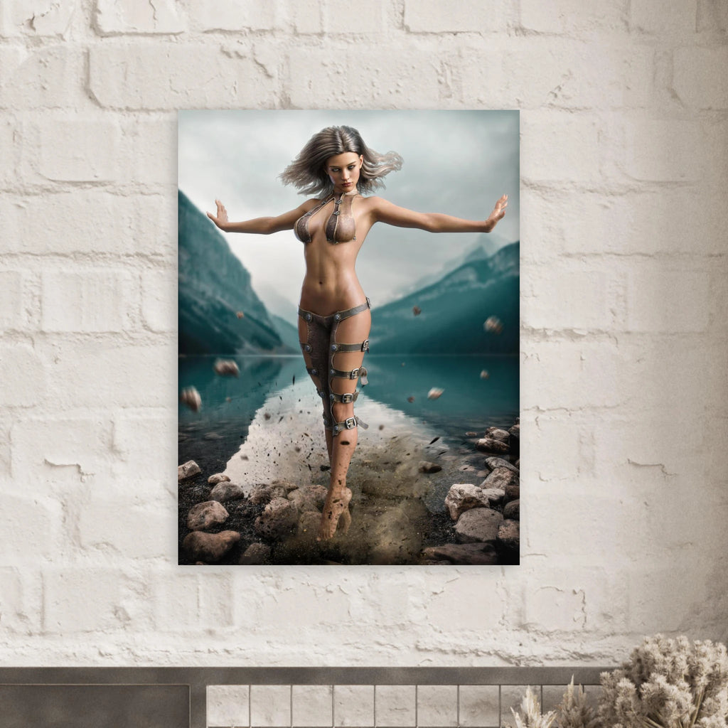 Handcrafted Fantasy Druid Mage wall art featuring a powerful female druid levitating above a mountain lake while controlling floating stones with elemental nature magic. Fantasy artwork perfect for gaming rooms, RPG fans, and nature-inspired medieval fantasy décor.