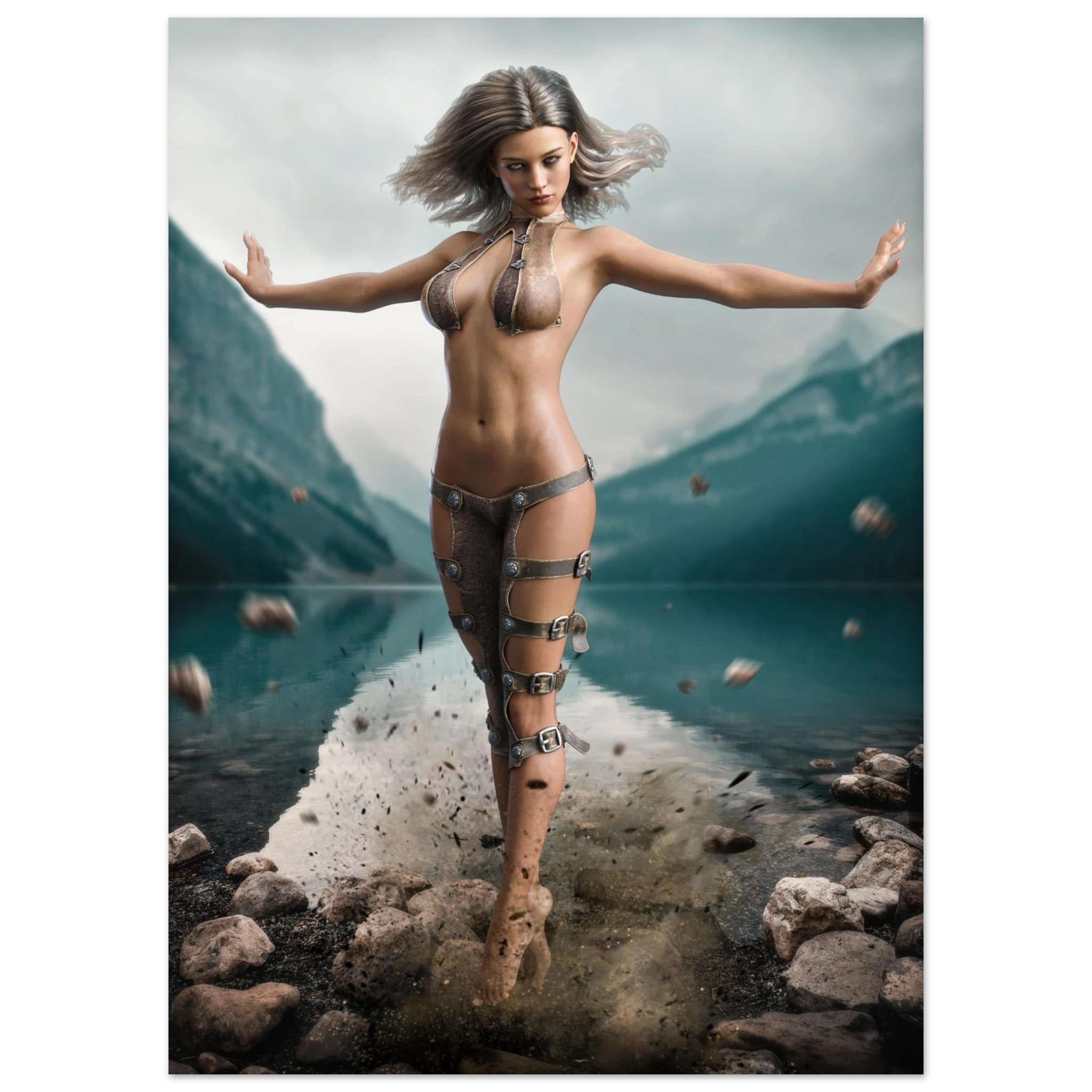 Handcrafted Fantasy Druid Mage wall art featuring a powerful female druid levitating above a mountain lake while controlling floating stones with elemental nature magic. Fantasy artwork perfect for gaming rooms, RPG fans, and nature-inspired medieval fantasy décor.