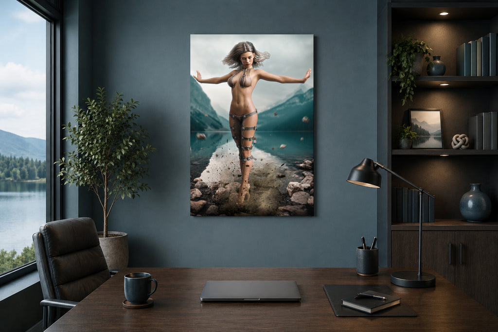 Handcrafted Fantasy Druid Mage wall art featuring a powerful female druid levitating above a mountain lake while controlling floating stones with elemental nature magic. Fantasy artwork perfect for gaming rooms, RPG fans, and nature-inspired medieval fantasy décor.
