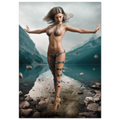 Handcrafted Fantasy Druid Mage wall art featuring a powerful female druid levitating above a mountain lake while controlling floating stones with elemental nature magic. Fantasy artwork perfect for gaming rooms, RPG fans, and nature-inspired medieval fantasy décor.