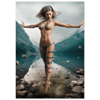 Handcrafted Fantasy Druid Mage wall art featuring a powerful female druid levitating above a mountain lake while controlling floating stones with elemental nature magic. Fantasy artwork perfect for gaming rooms, RPG fans, and nature-inspired medieval fantasy décor.