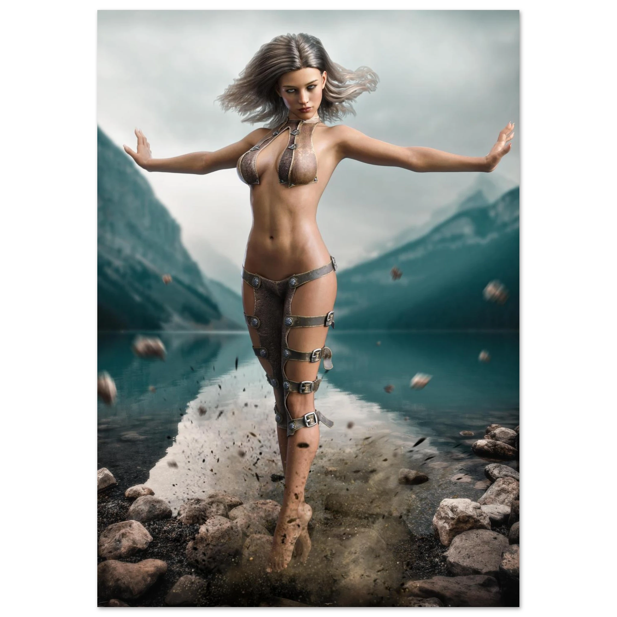 Handcrafted Fantasy Druid Mage wall art featuring a powerful female druid levitating above a mountain lake while controlling floating stones with elemental nature magic. Fantasy artwork perfect for gaming rooms, RPG fans, and nature-inspired medieval fantasy décor.