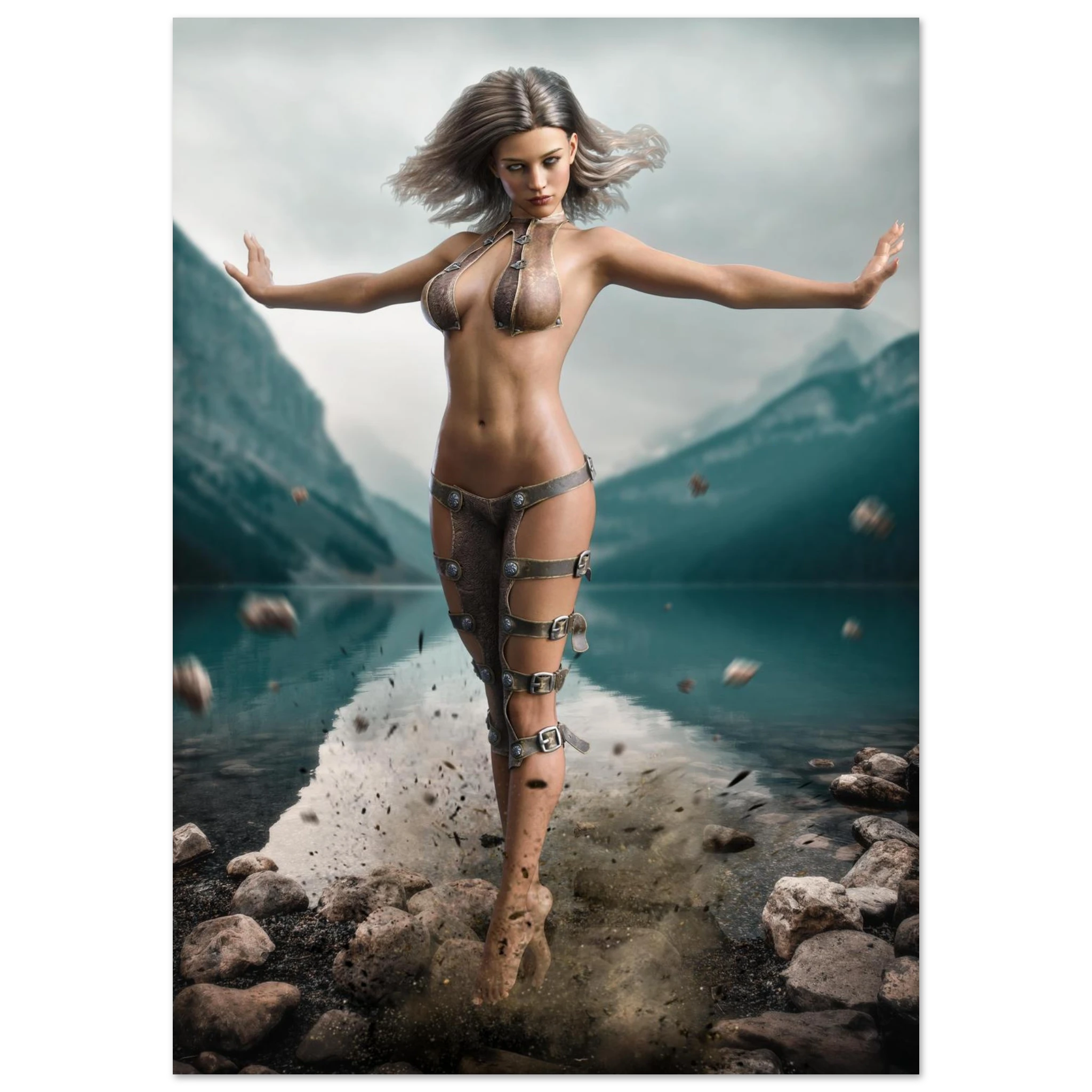 Handcrafted Fantasy Druid Mage wall art featuring a powerful female druid levitating above a mountain lake while controlling floating stones with elemental nature magic. Fantasy artwork perfect for gaming rooms, RPG fans, and nature-inspired medieval fantasy décor.