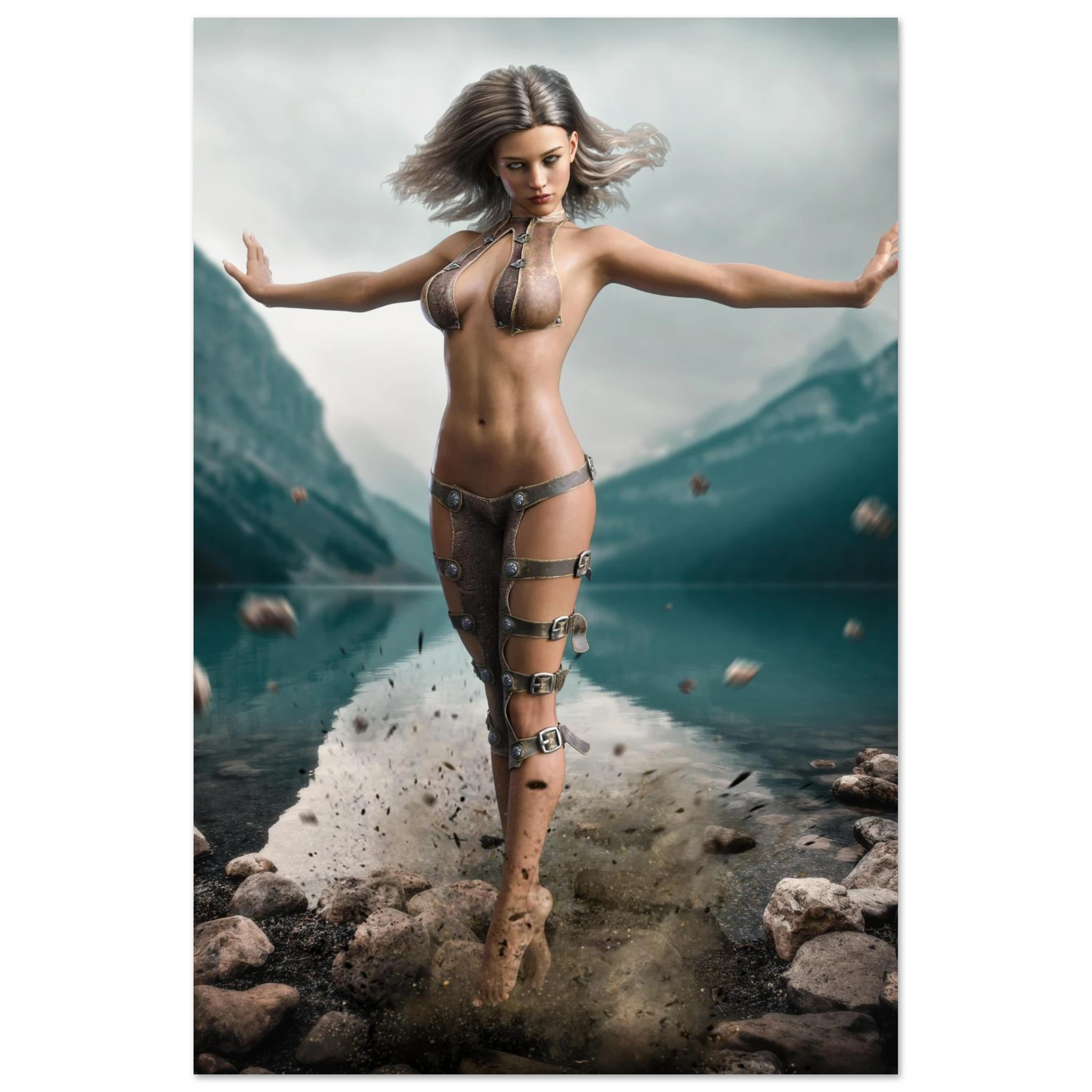 Handcrafted Fantasy Druid Mage wall art featuring a powerful female druid levitating above a mountain lake while controlling floating stones with elemental nature magic. Fantasy artwork perfect for gaming rooms, RPG fans, and nature-inspired medieval fantasy décor.