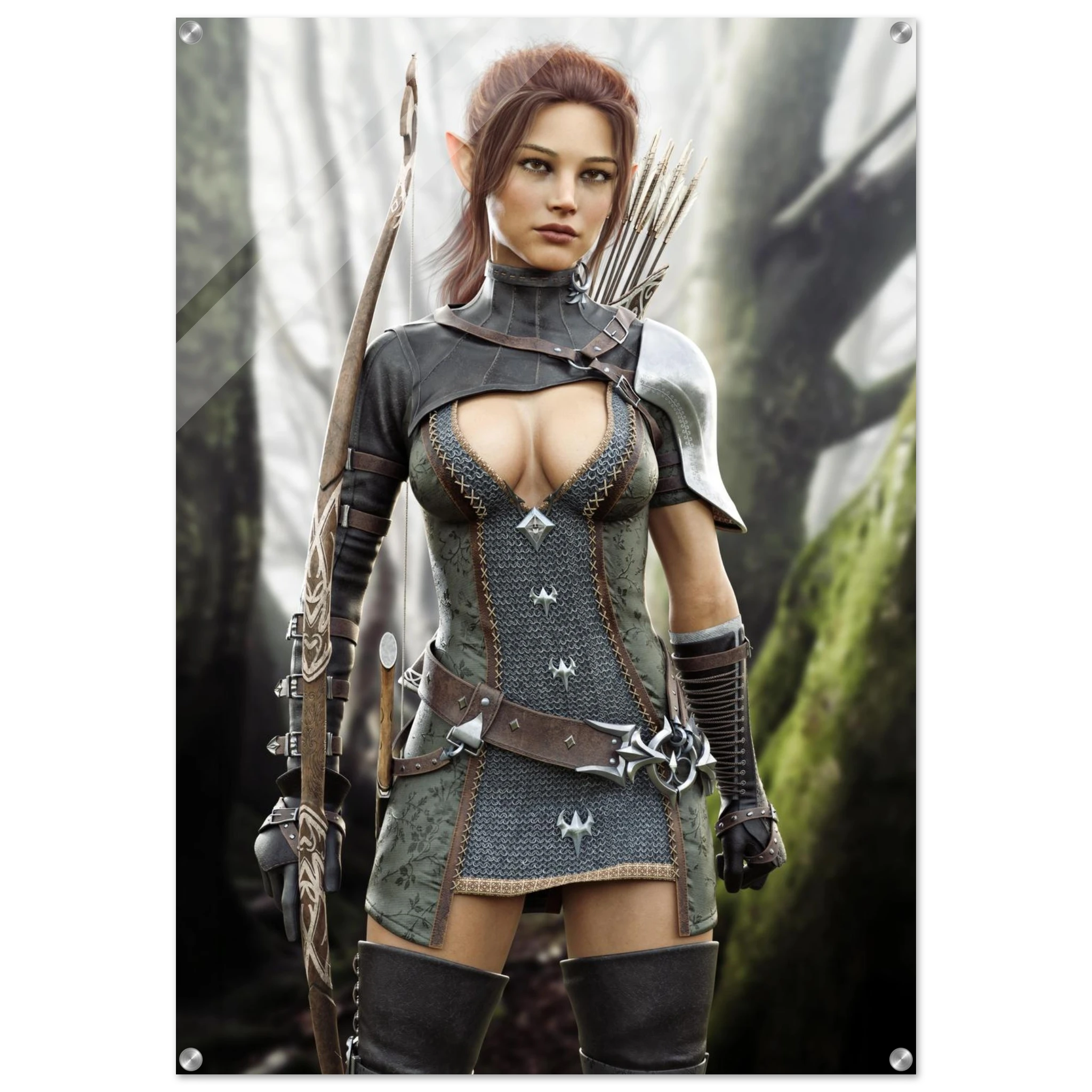 Handcrafted Fantasy Elf Ranger wall art featuring a skilled female elven archer carrying an ornate longbow and quiver while standing in an enchanted forest. Fantasy artwork perfect for gaming rooms, RPG fans, archery enthusiasts, and medieval fantasy décor.