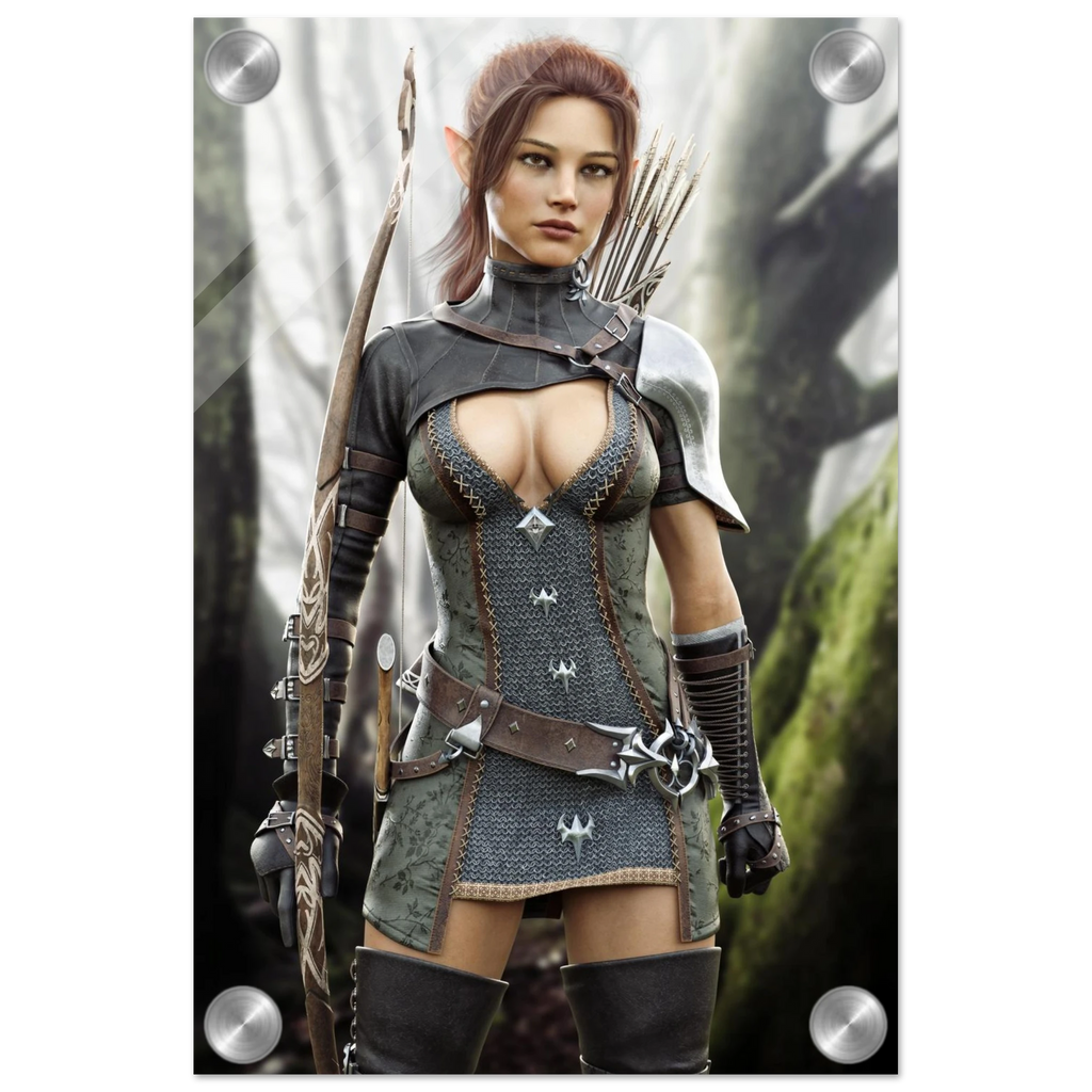 Handcrafted Fantasy Elf Ranger wall art featuring a skilled female elven archer carrying an ornate longbow and quiver while standing in an enchanted forest. Fantasy artwork perfect for gaming rooms, RPG fans, archery enthusiasts, and medieval fantasy décor.