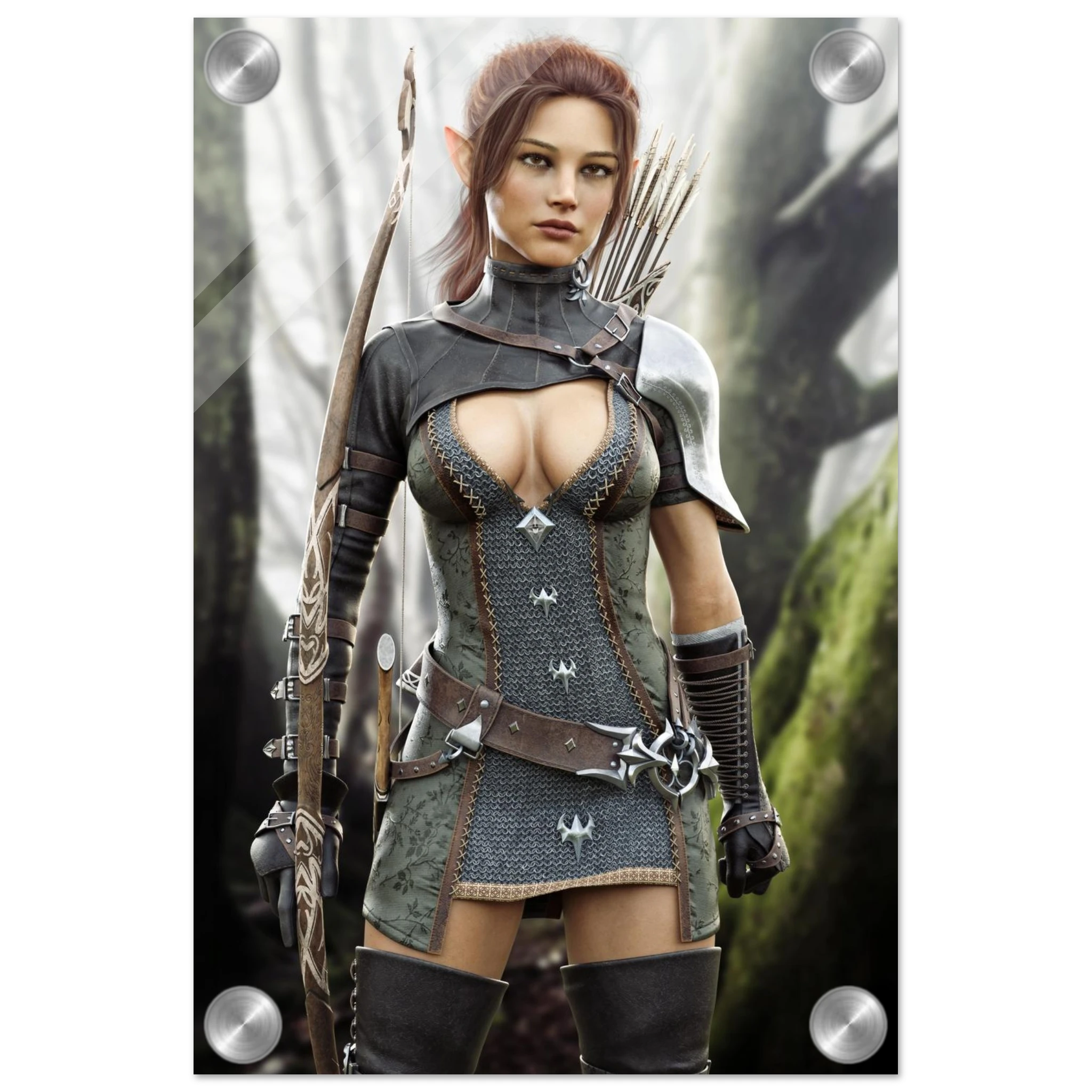 Handcrafted Fantasy Elf Ranger wall art featuring a skilled female elven archer carrying an ornate longbow and quiver while standing in an enchanted forest. Fantasy artwork perfect for gaming rooms, RPG fans, archery enthusiasts, and medieval fantasy décor.