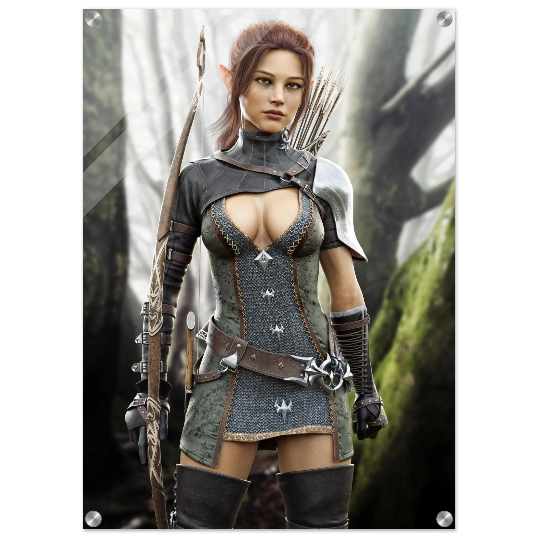 Handcrafted Fantasy Elf Ranger wall art featuring a skilled female elven archer carrying an ornate longbow and quiver while standing in an enchanted forest. Fantasy artwork perfect for gaming rooms, RPG fans, archery enthusiasts, and medieval fantasy décor.