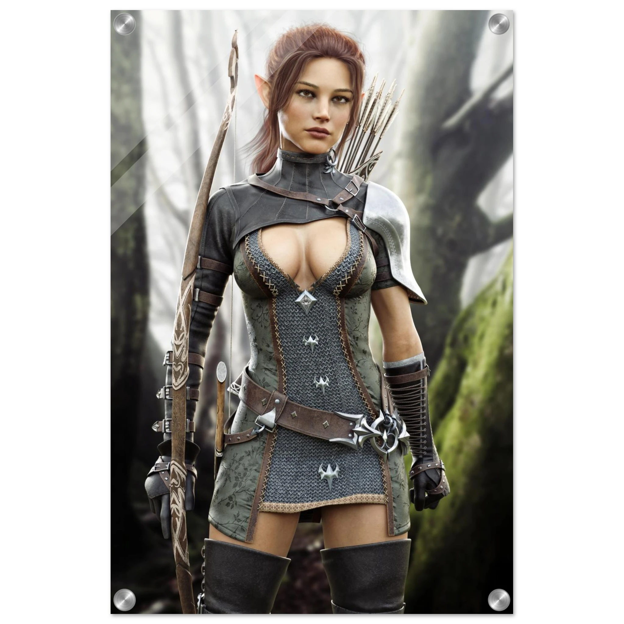 Handcrafted Fantasy Elf Ranger wall art featuring a skilled female elven archer carrying an ornate longbow and quiver while standing in an enchanted forest. Fantasy artwork perfect for gaming rooms, RPG fans, archery enthusiasts, and medieval fantasy décor.