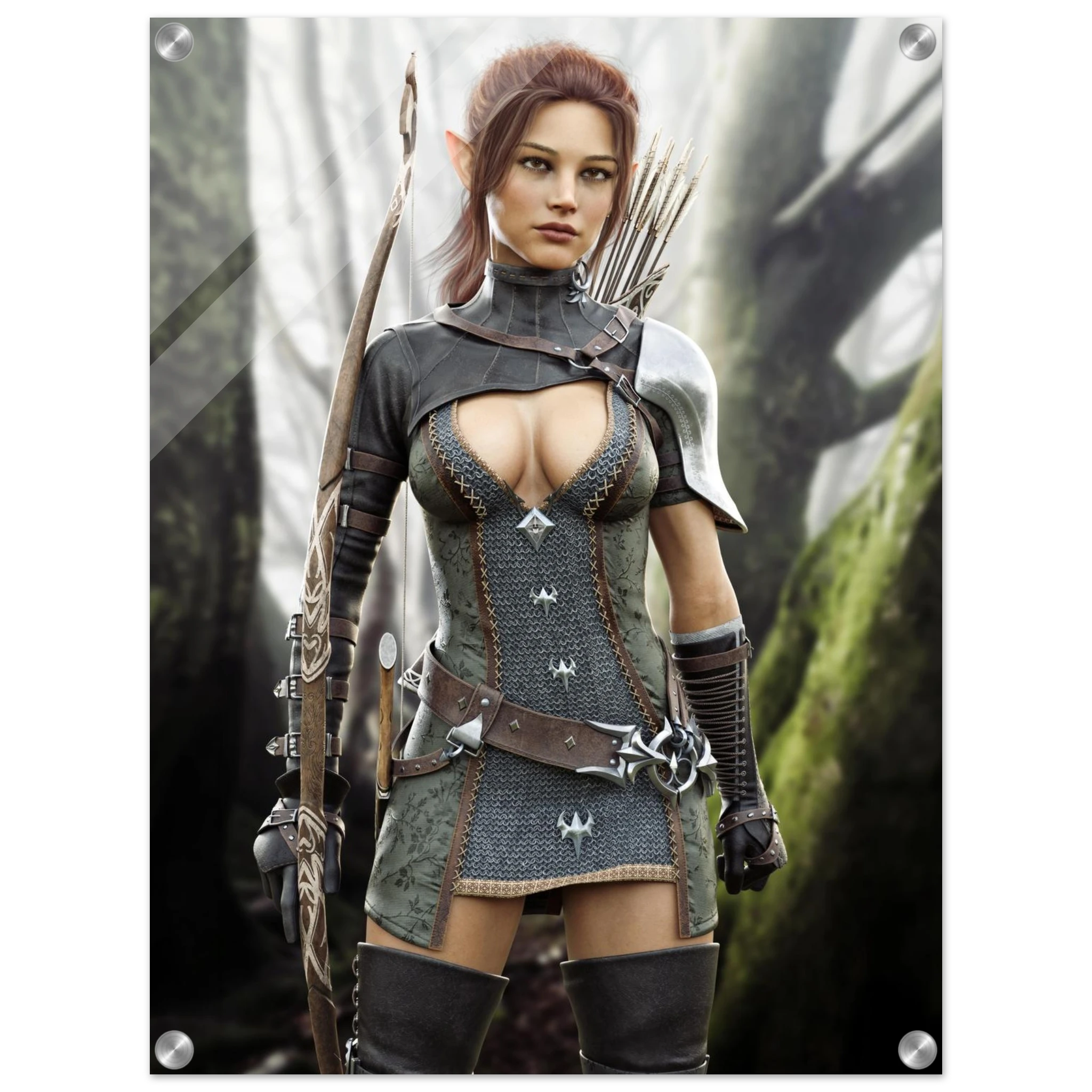 Handcrafted Fantasy Elf Ranger wall art featuring a skilled female elven archer carrying an ornate longbow and quiver while standing in an enchanted forest. Fantasy artwork perfect for gaming rooms, RPG fans, archery enthusiasts, and medieval fantasy décor.