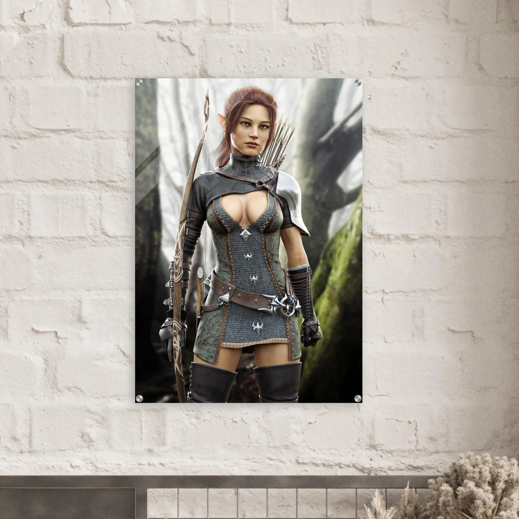 Handcrafted Fantasy Elf Ranger wall art featuring a skilled female elven archer carrying an ornate longbow and quiver while standing in an enchanted forest. Fantasy artwork perfect for gaming rooms, RPG fans, archery enthusiasts, and medieval fantasy décor.