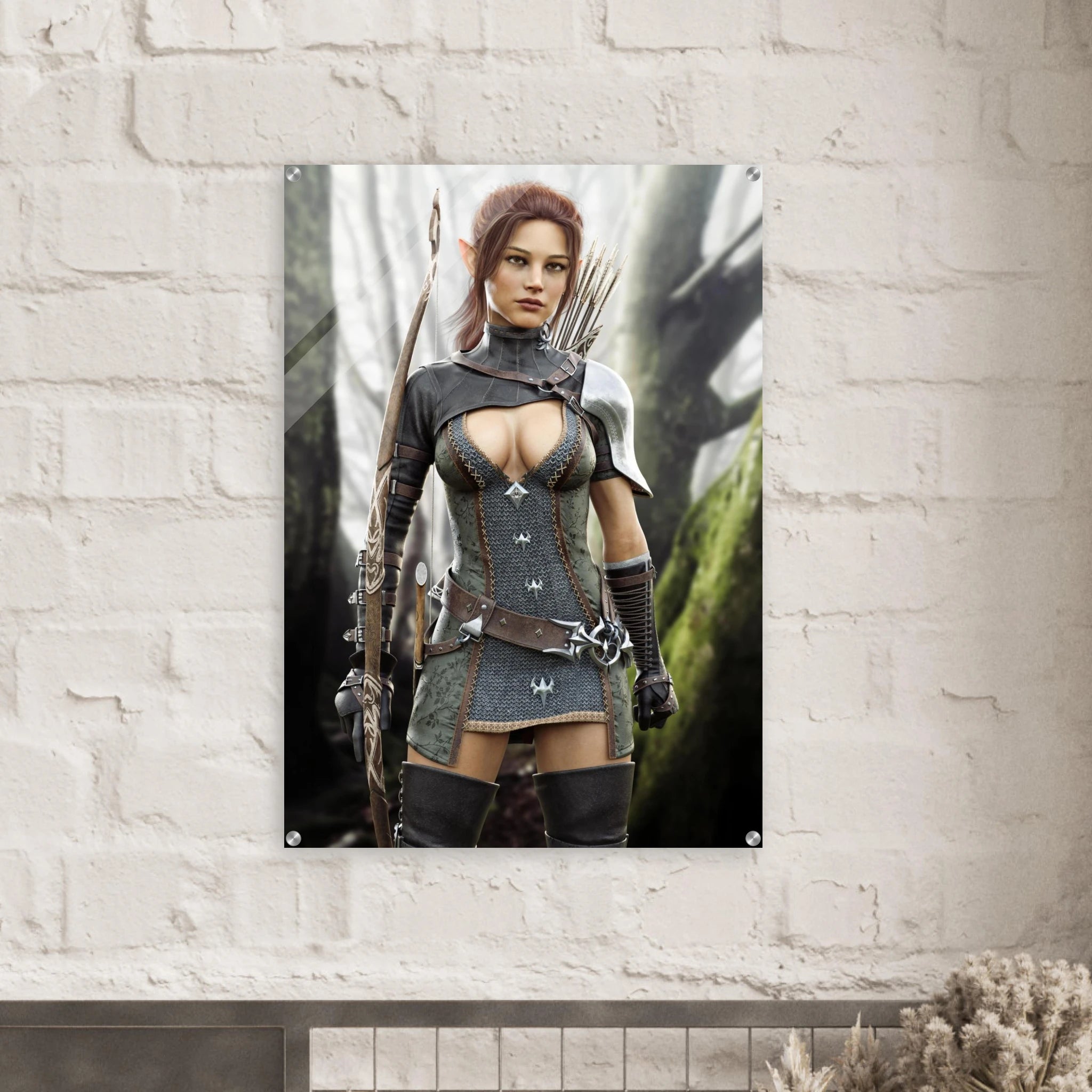 Handcrafted Fantasy Elf Ranger wall art featuring a skilled female elven archer carrying an ornate longbow and quiver while standing in an enchanted forest. Fantasy artwork perfect for gaming rooms, RPG fans, archery enthusiasts, and medieval fantasy décor.