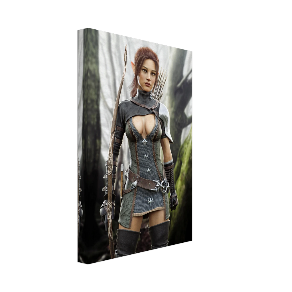 Handcrafted Fantasy Elf Ranger wall art featuring a skilled female elven archer carrying an ornate longbow and quiver while standing in an enchanted forest. Fantasy artwork perfect for gaming rooms, RPG fans, archery enthusiasts, and medieval fantasy décor.