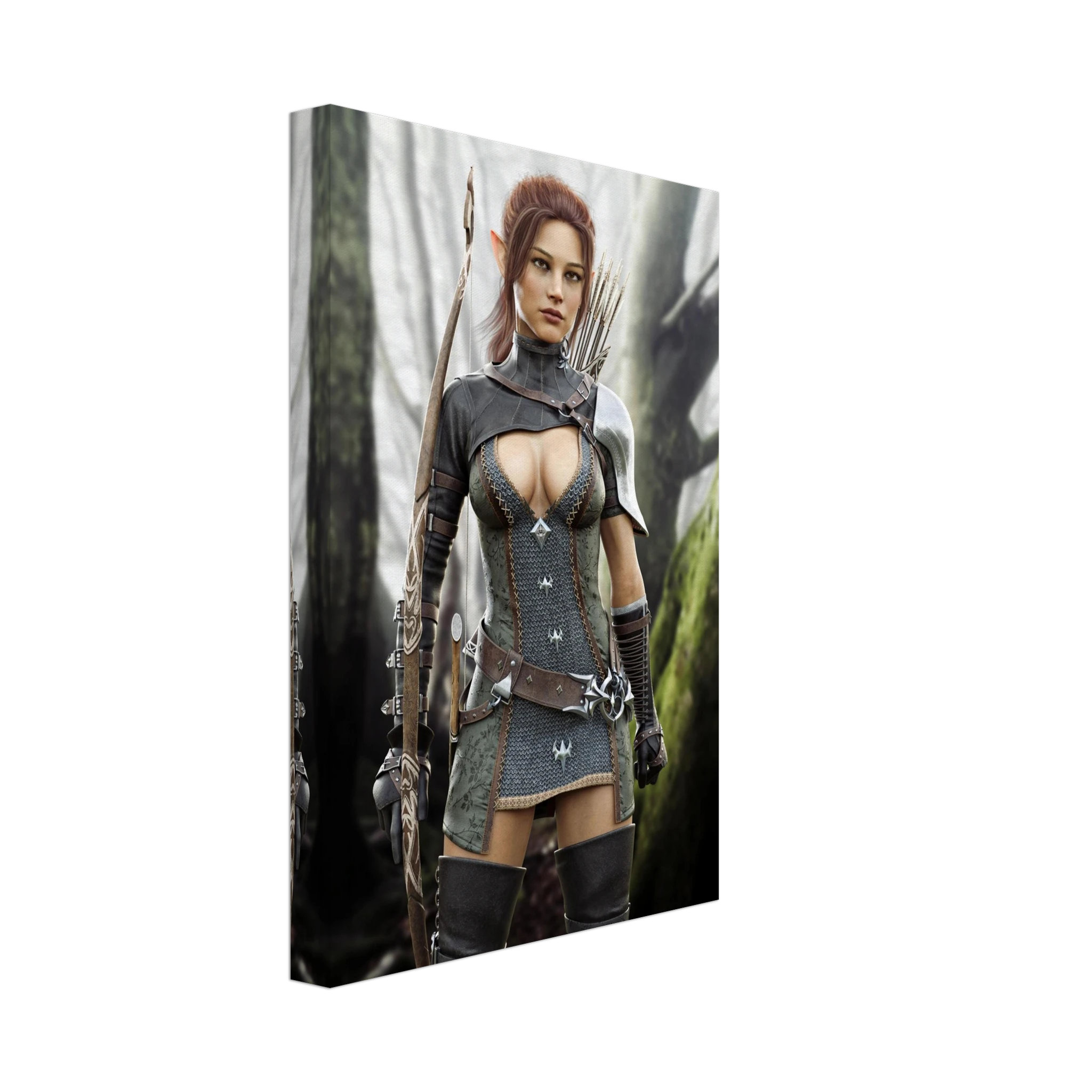 Handcrafted Fantasy Elf Ranger wall art featuring a skilled female elven archer carrying an ornate longbow and quiver while standing in an enchanted forest. Fantasy artwork perfect for gaming rooms, RPG fans, archery enthusiasts, and medieval fantasy décor.