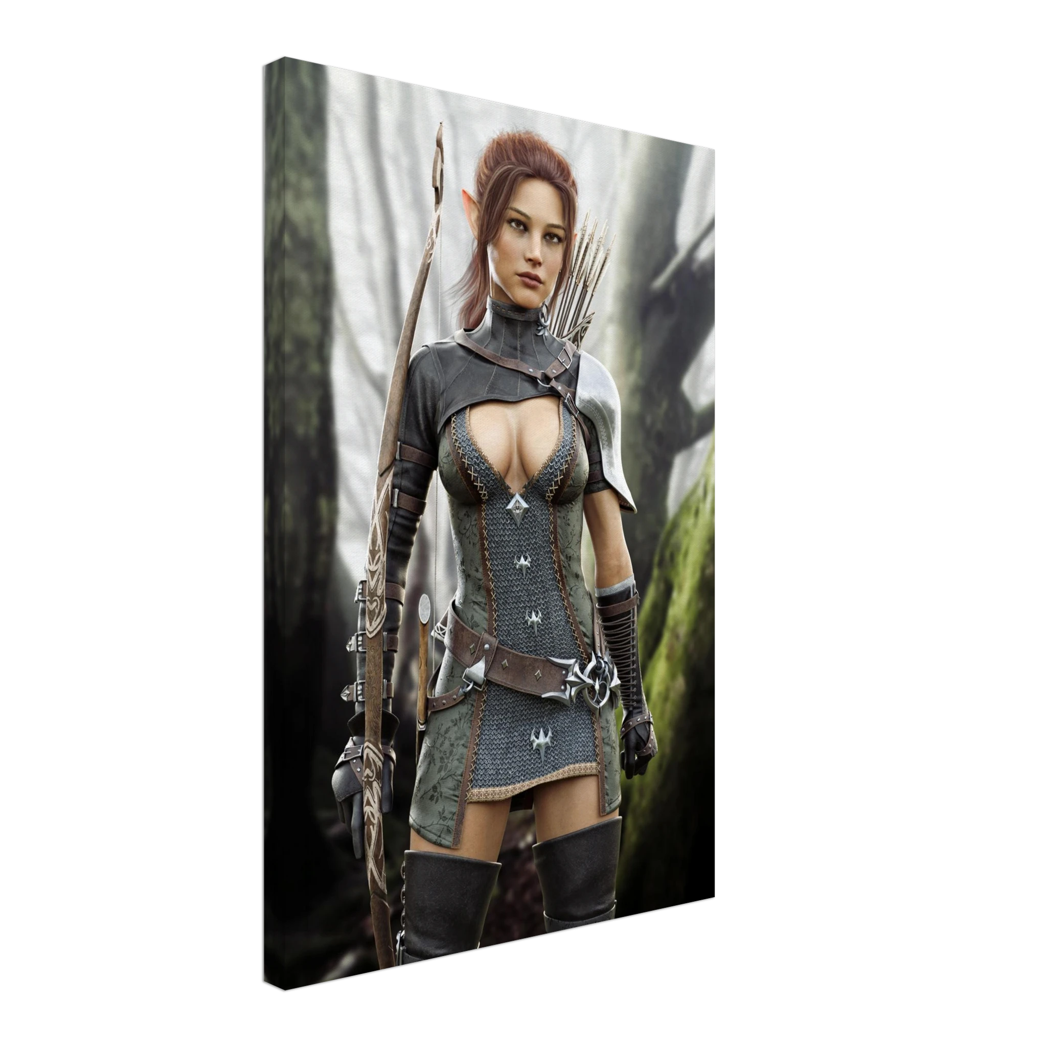 Handcrafted Fantasy Elf Ranger wall art featuring a skilled female elven archer carrying an ornate longbow and quiver while standing in an enchanted forest. Fantasy artwork perfect for gaming rooms, RPG fans, archery enthusiasts, and medieval fantasy décor.