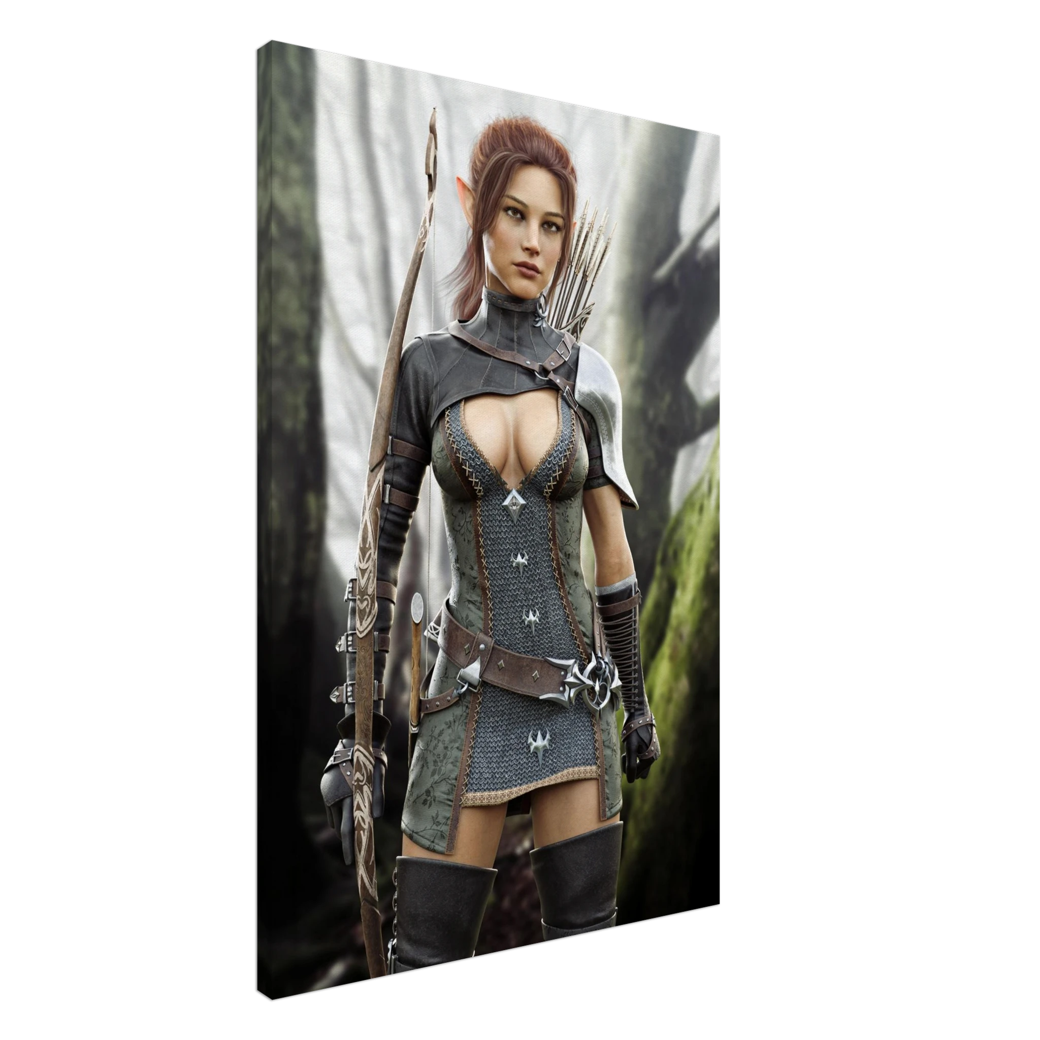 Handcrafted Fantasy Elf Ranger wall art featuring a skilled female elven archer carrying an ornate longbow and quiver while standing in an enchanted forest. Fantasy artwork perfect for gaming rooms, RPG fans, archery enthusiasts, and medieval fantasy décor.