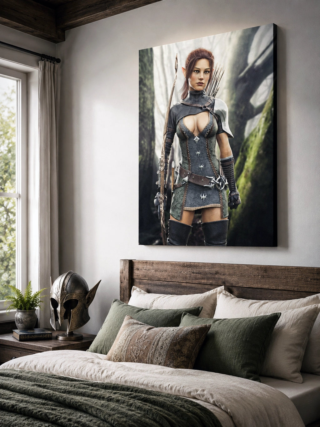 Handcrafted Fantasy Elf Ranger wall art featuring a skilled female elven archer carrying an ornate longbow and quiver while standing in an enchanted forest. Fantasy artwork perfect for gaming rooms, RPG fans, archery enthusiasts, and medieval fantasy décor.