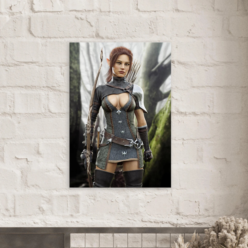 Handcrafted Fantasy Elf Ranger wall art featuring a skilled female elven archer carrying an ornate longbow and quiver while standing in an enchanted forest. Fantasy artwork perfect for gaming rooms, RPG fans, archery enthusiasts, and medieval fantasy décor.