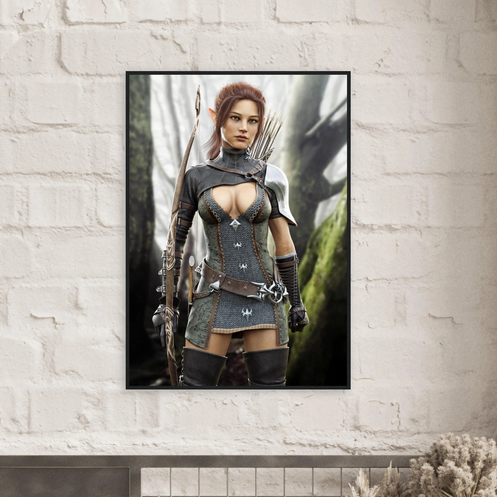 A framed vertical art print of a female fantasy archer in dark armor, displayed on a white brick wall above a fireplace.