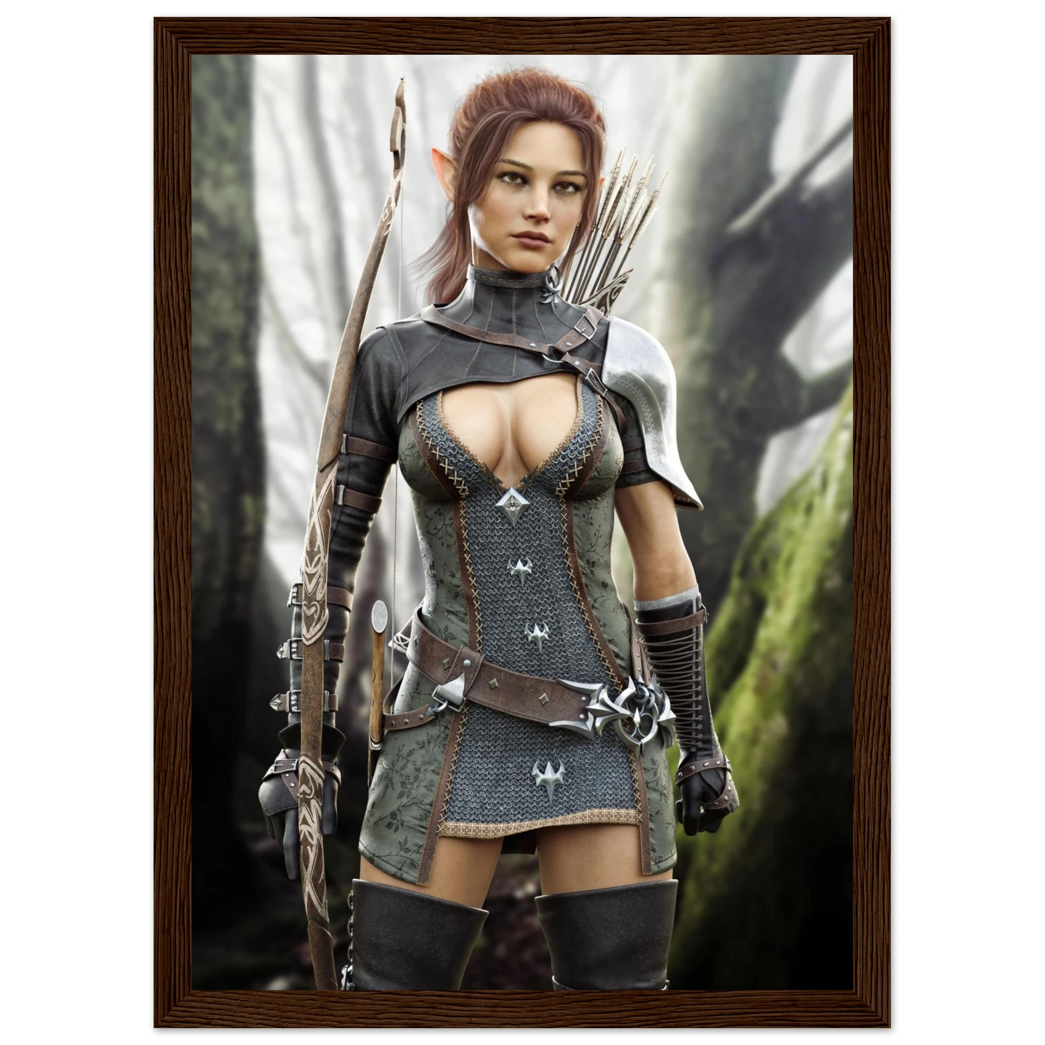 A framed art print depicting a fantasy female warrior with pointed ears, wearing a dark corset-style armor outfit and holding a bow, set against a misty forest background.