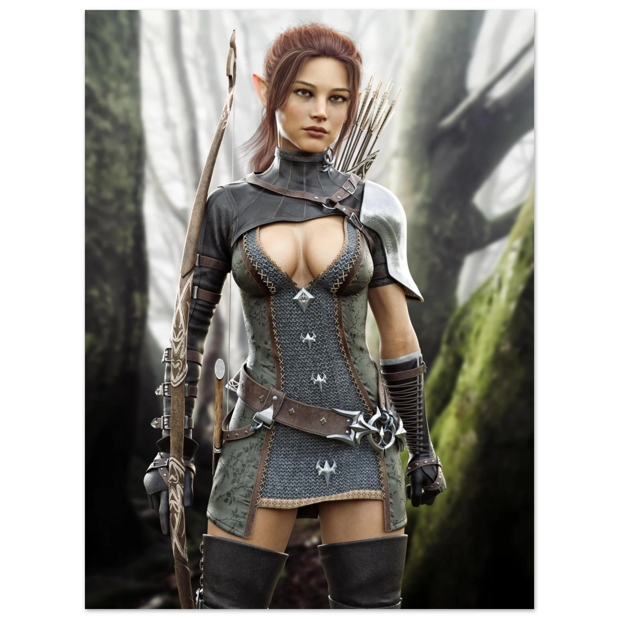 Handcrafted Fantasy Elf Ranger wall art featuring a skilled female elven archer carrying an ornate longbow and quiver while standing in an enchanted forest. Fantasy artwork perfect for gaming rooms, RPG fans, archery enthusiasts, and medieval fantasy décor.