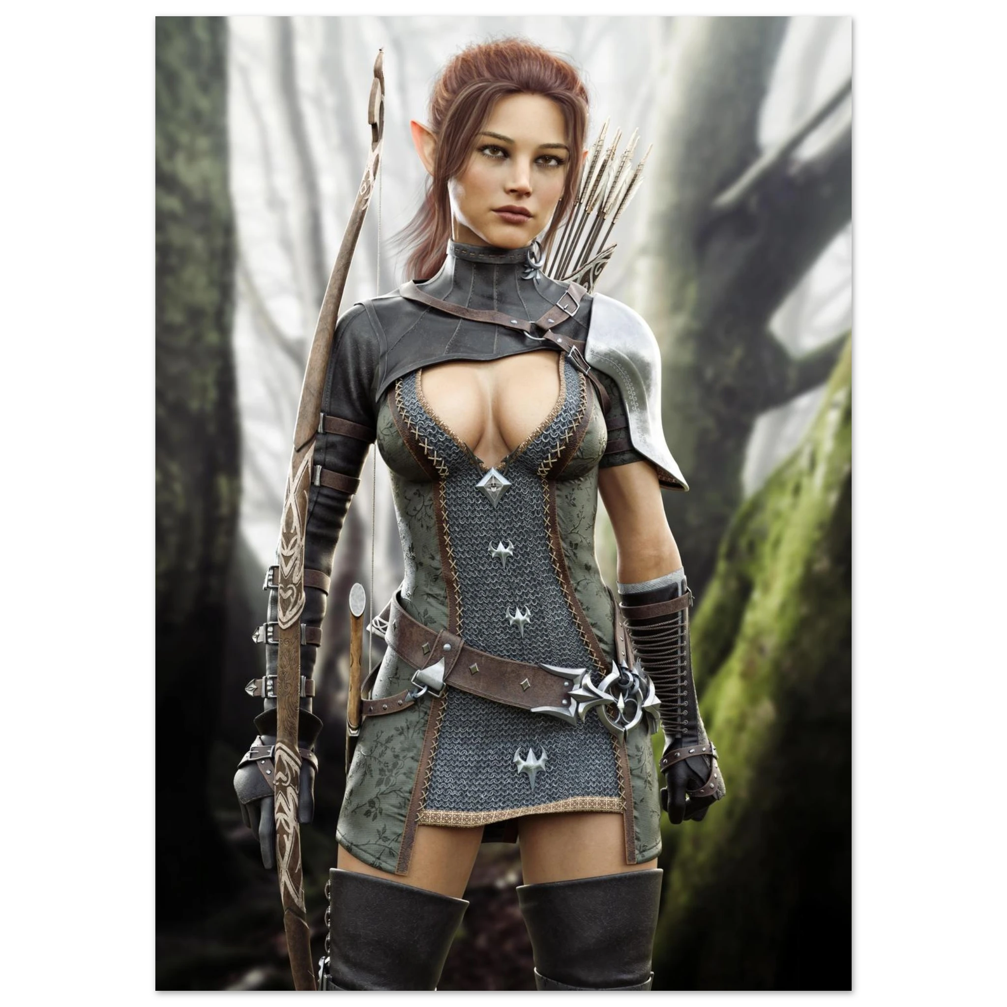 Handcrafted Fantasy Elf Ranger wall art featuring a skilled female elven archer carrying an ornate longbow and quiver while standing in an enchanted forest. Fantasy artwork perfect for gaming rooms, RPG fans, archery enthusiasts, and medieval fantasy décor.