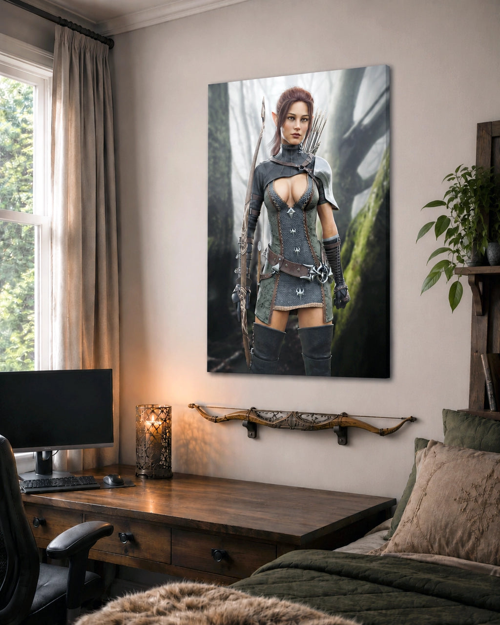 Handcrafted Fantasy Elf Ranger wall art featuring a skilled female elven archer carrying an ornate longbow and quiver while standing in an enchanted forest. Fantasy artwork perfect for gaming rooms, RPG fans, archery enthusiasts, and medieval fantasy décor.